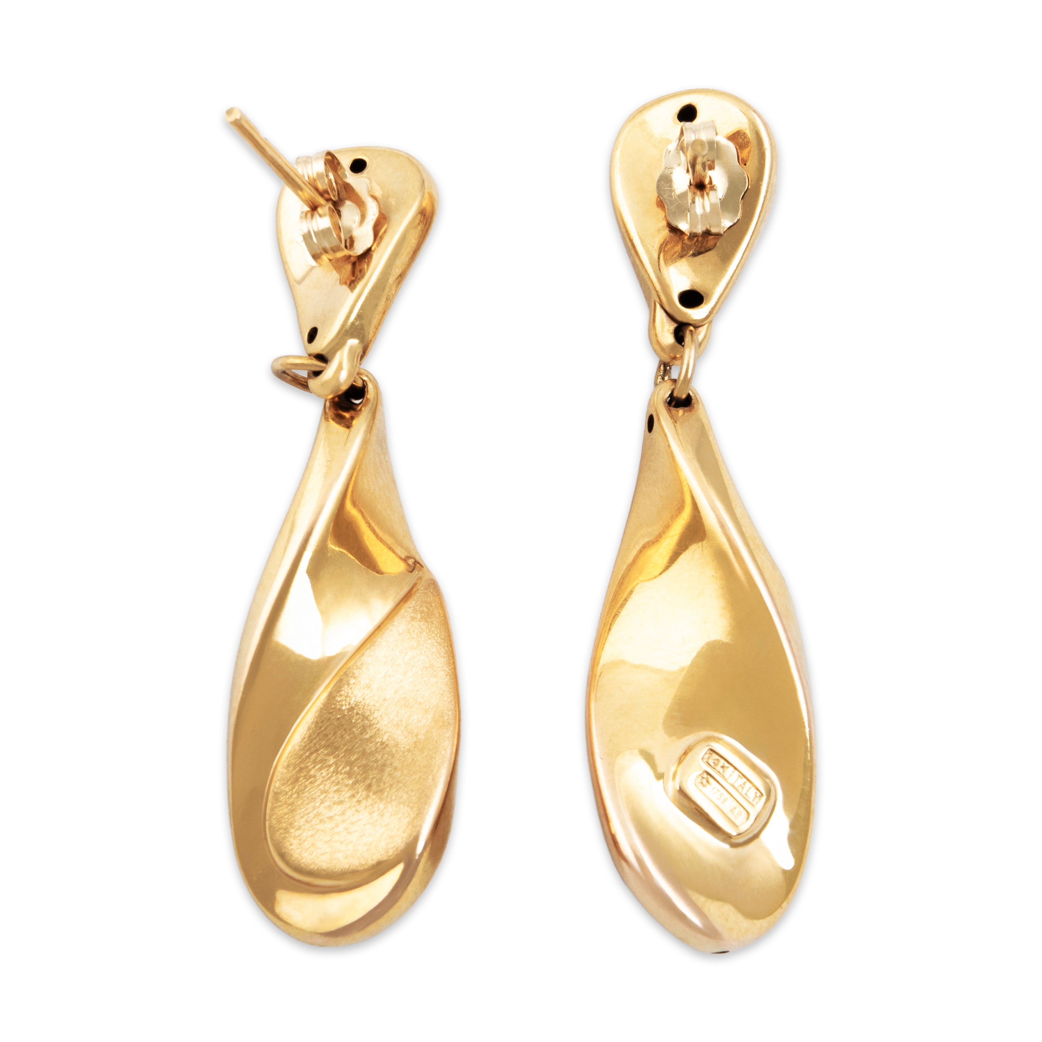 Vintage Italian 14k Yellow Gold Sculptural Brushed Teardrop Dangle Earrings - Back view