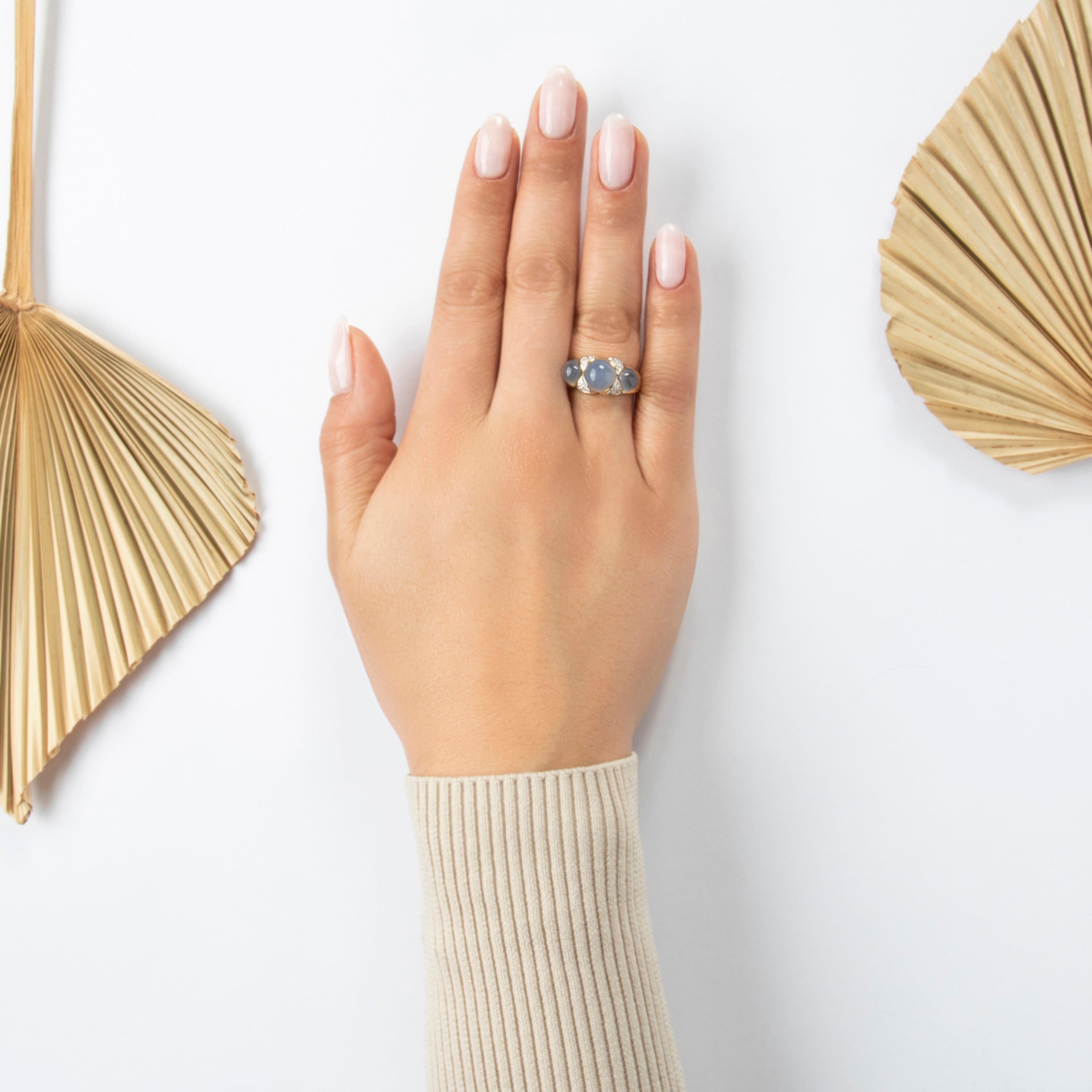 Vintage 14k Yellow Gold 7.8cttw Chalcedony Diamond Bubbly Statement Ring - On model view