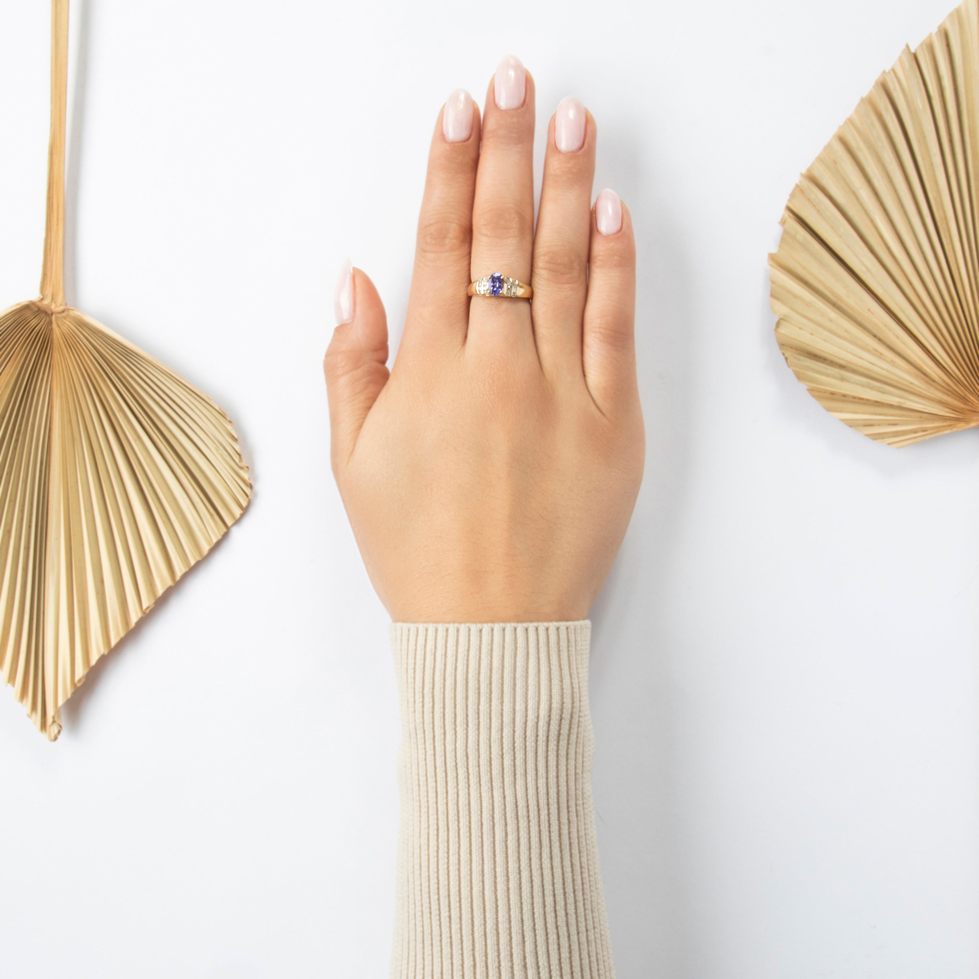 Vintage 14k Yellow Gold Tanzanite .208cttw Diamond Striped Statement Ring - On model view