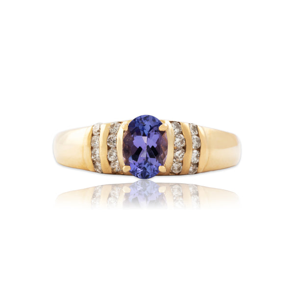 Vintage 14k Yellow Gold Tanzanite Diamond Striped Channel-Set Ring 7.75