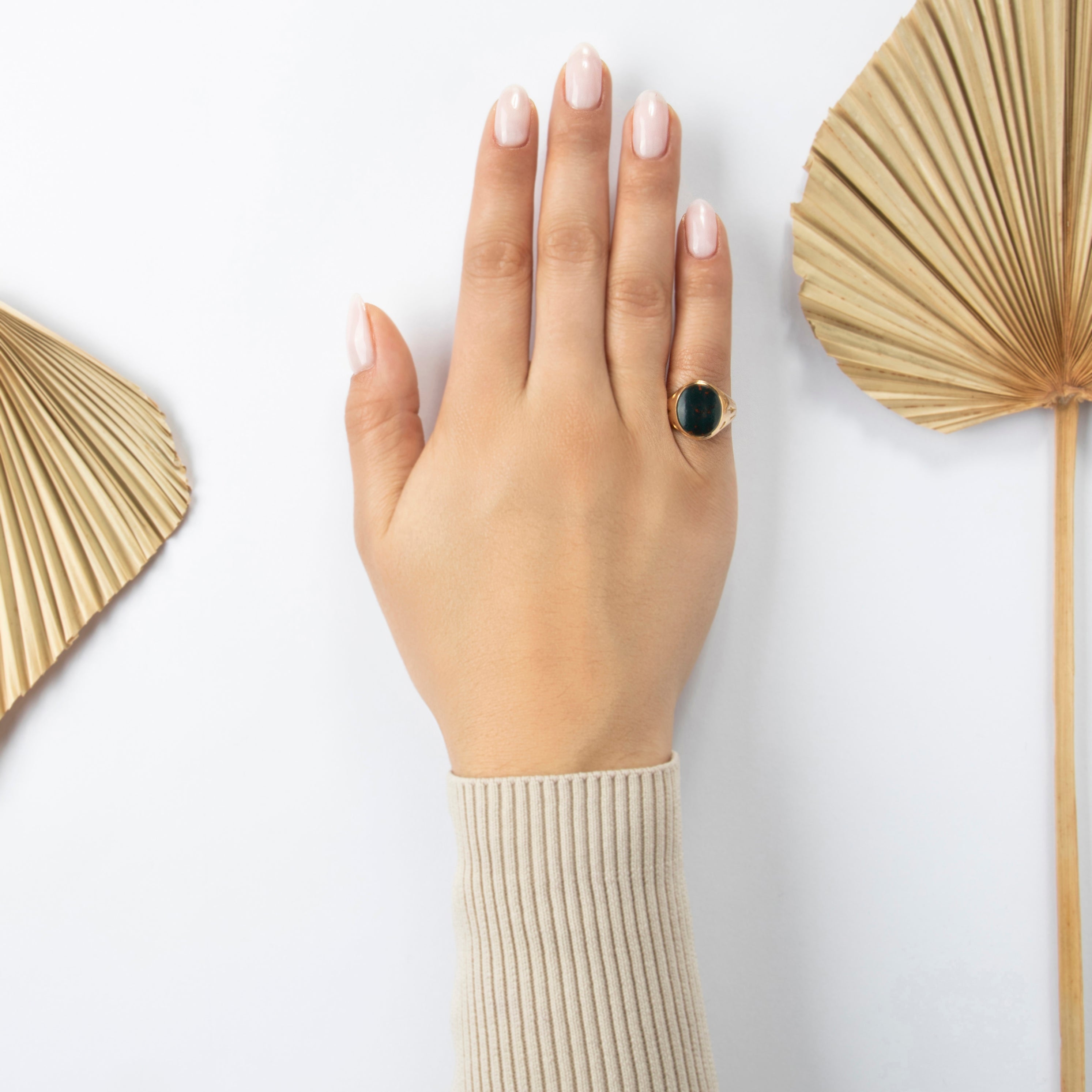 Antique 14k Rosy Yellow Gold 3ct Bloodstone Wonderful Signet Ring - On model view