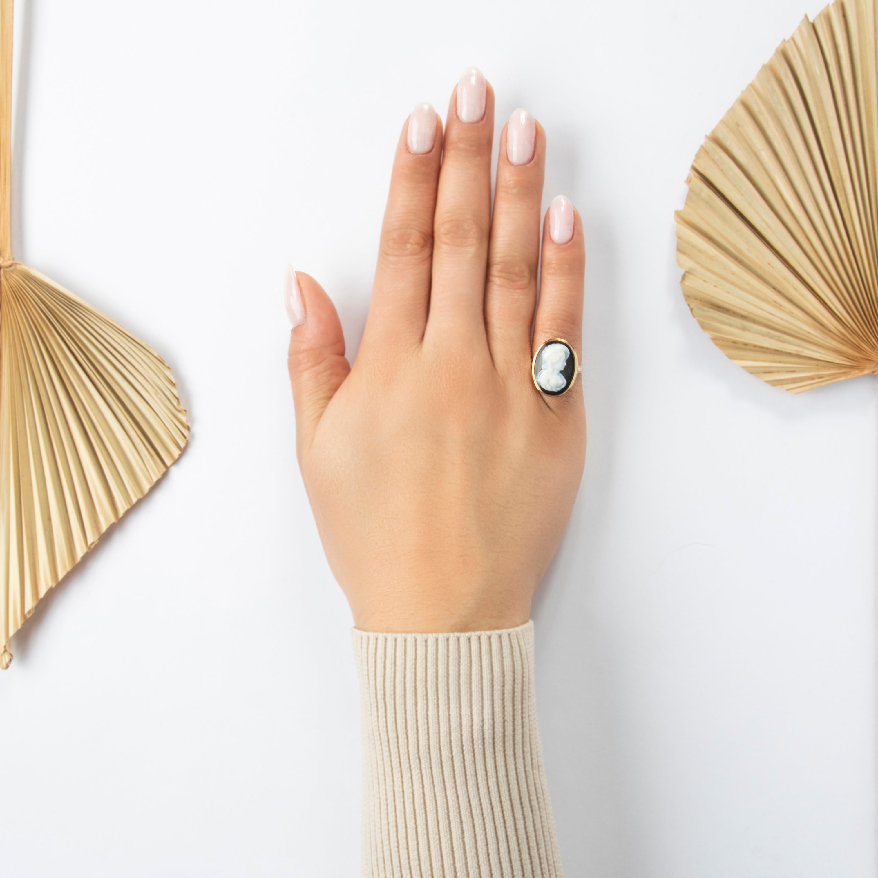 Victorian Antique 14k Yellow Gold Hardstone Lovely Lady Cameo Ring - On model view