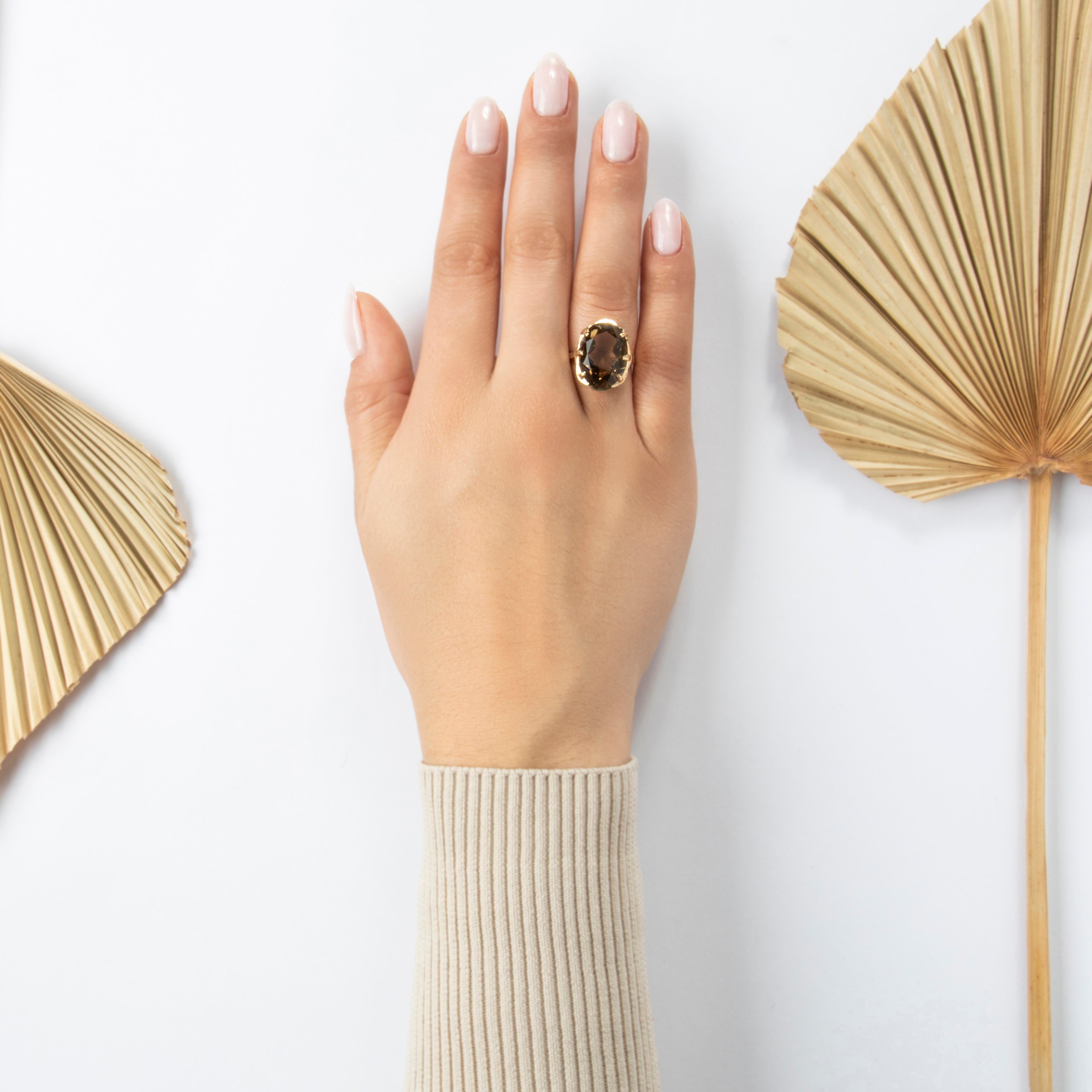 Vintage 14k Yellow Gold 10.5ct Smoky Quartz Cocktail Ring - On model view