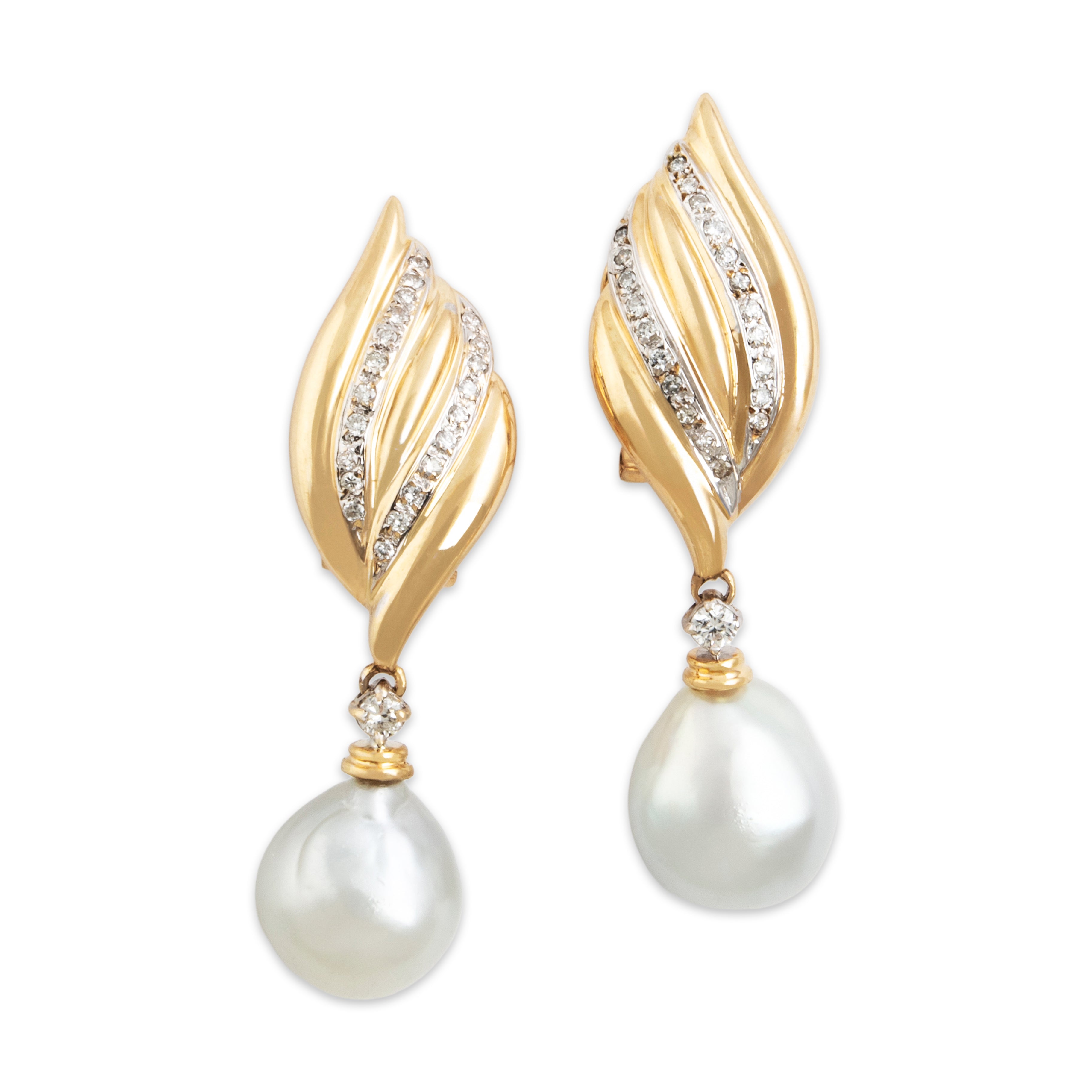 Vintage Large 14k Yellow Gold .368cttw Diamond Pearl Flourish Dangle Earrings - Close-up view