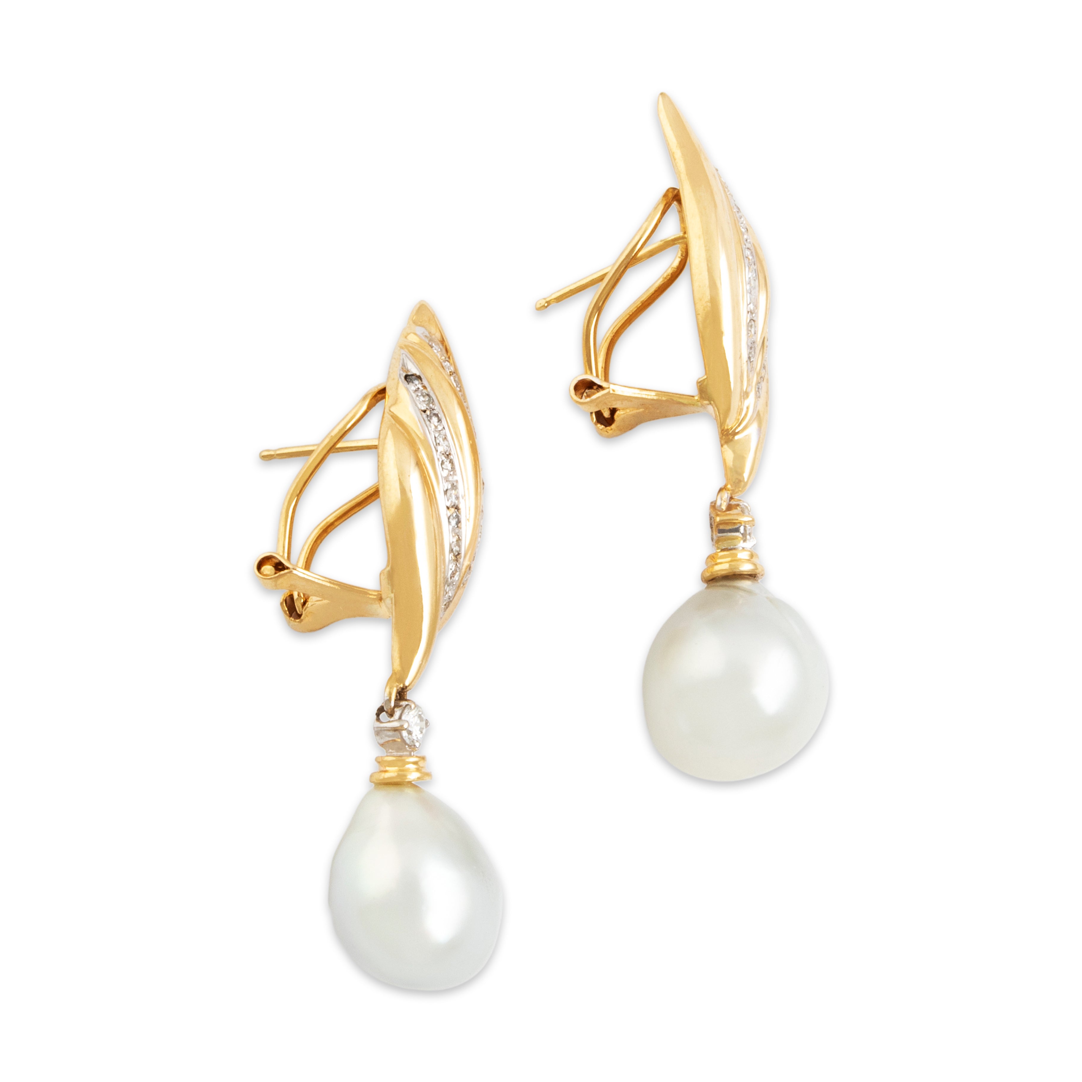 Vintage Large 14k Yellow Gold .368cttw Diamond Pearl Flourish Dangle Earrings - Side view