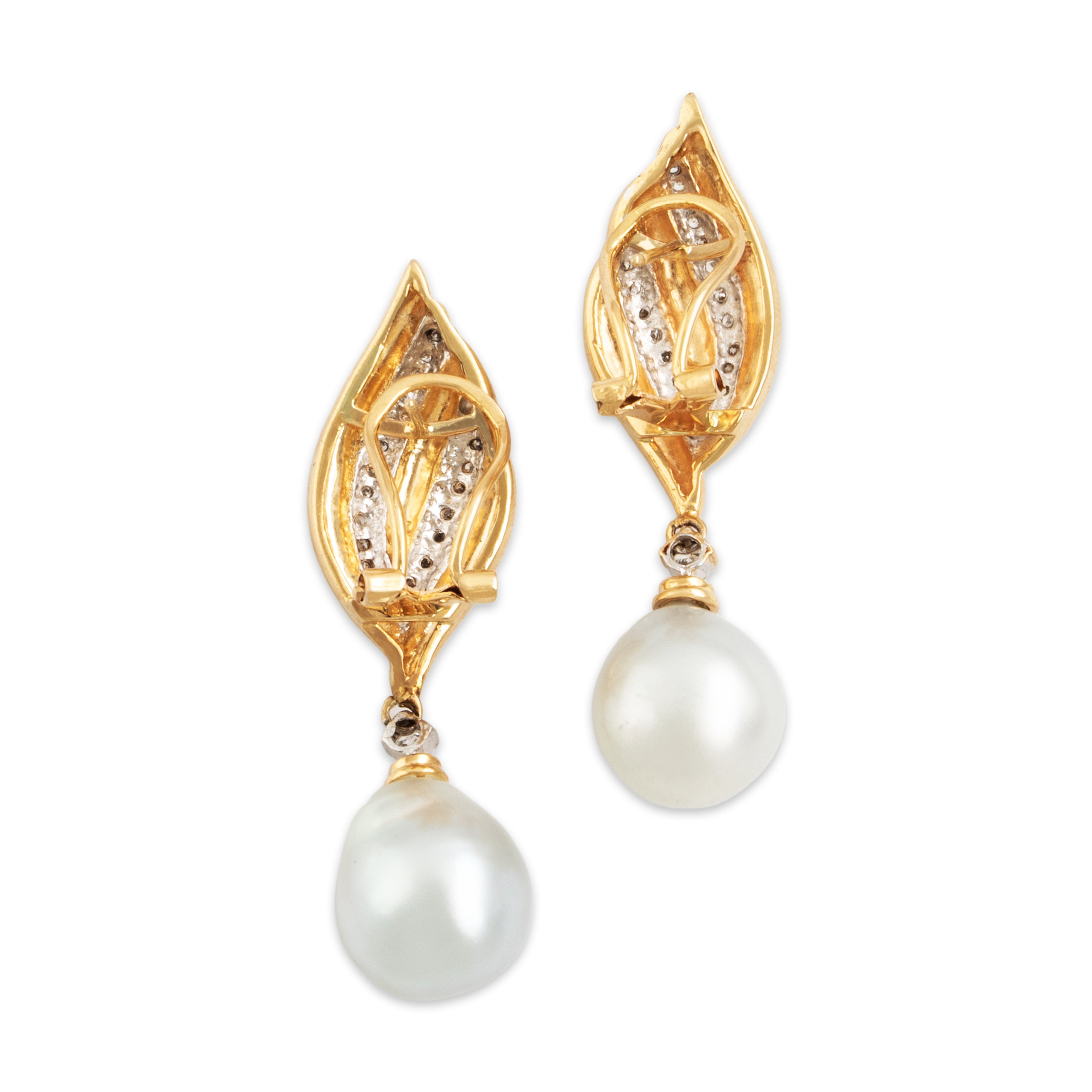 Vintage Large 14k Yellow Gold .368cttw Diamond Pearl Flourish Dangle Earrings - Back view