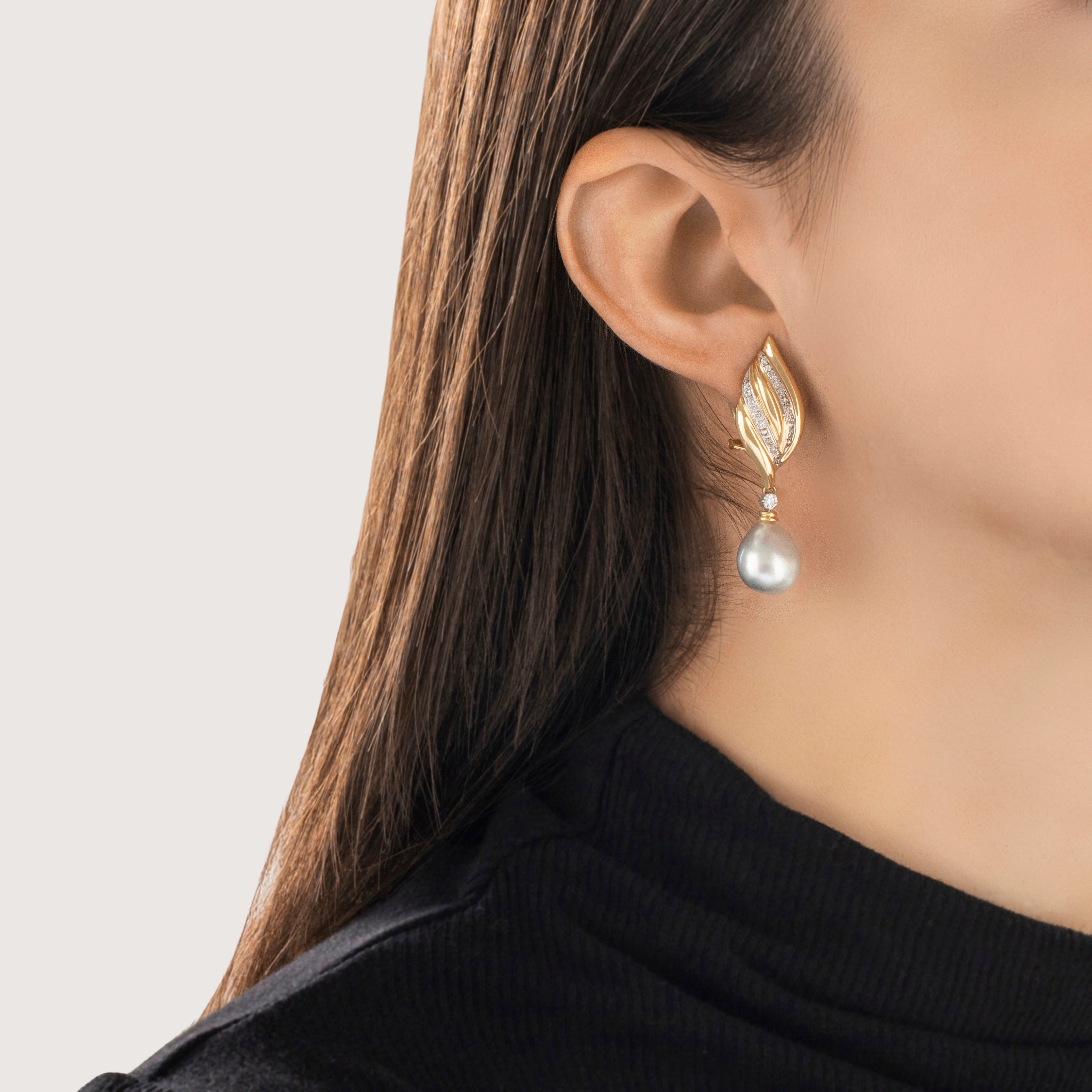 Vintage Large 14k Yellow Gold .368cttw Diamond Pearl Flourish Dangle Earrings - On model view