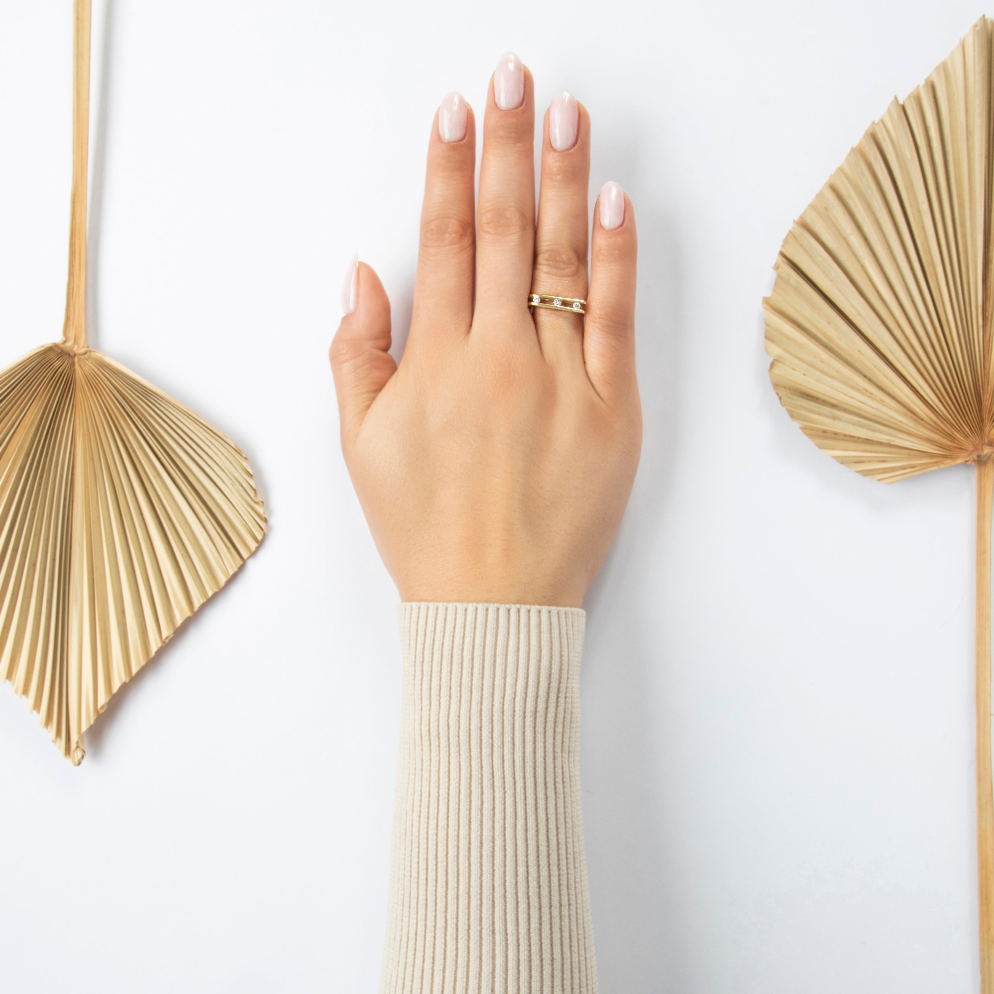 Vintage 14k Yellow Gold Diamond Modern Asymmetric Channel Ring - On model view