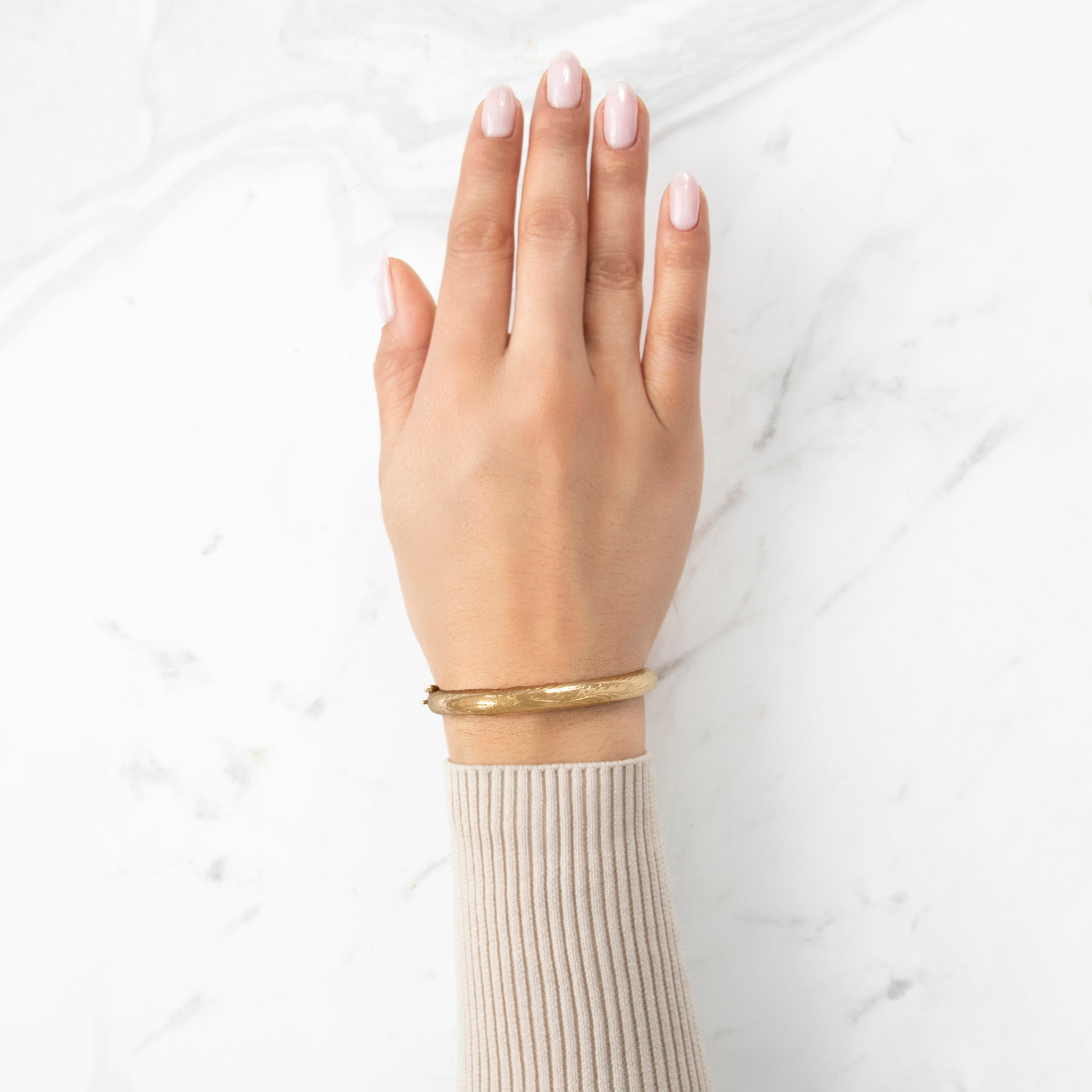 Vintage 14k Yellow Gold Fantastic Engraved Dragon Bangle Bracelet - On model view