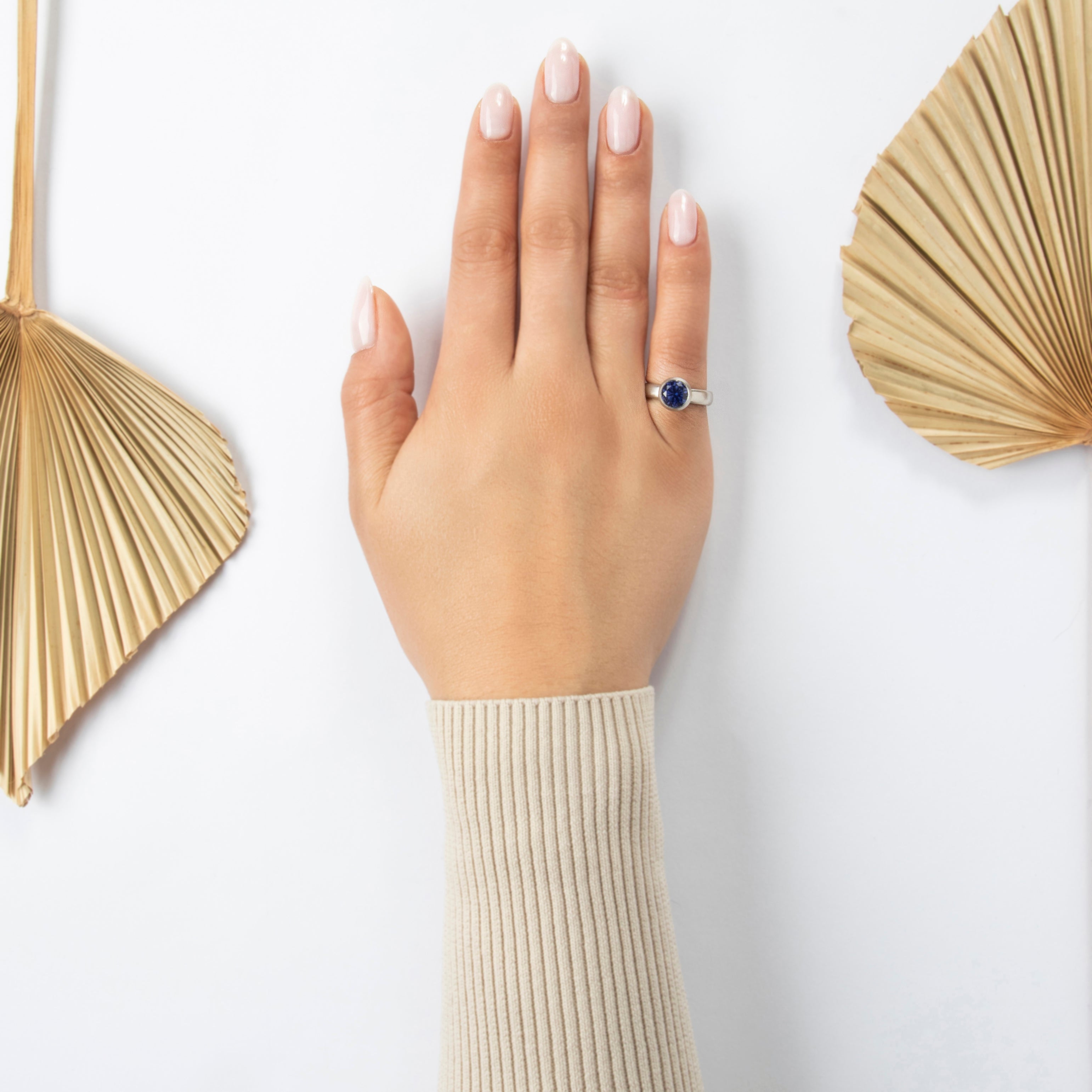 Vintage Heavy Platinum 1.97ct Synthetic Sapphire Brushed Bezel-Set Ring - On model view