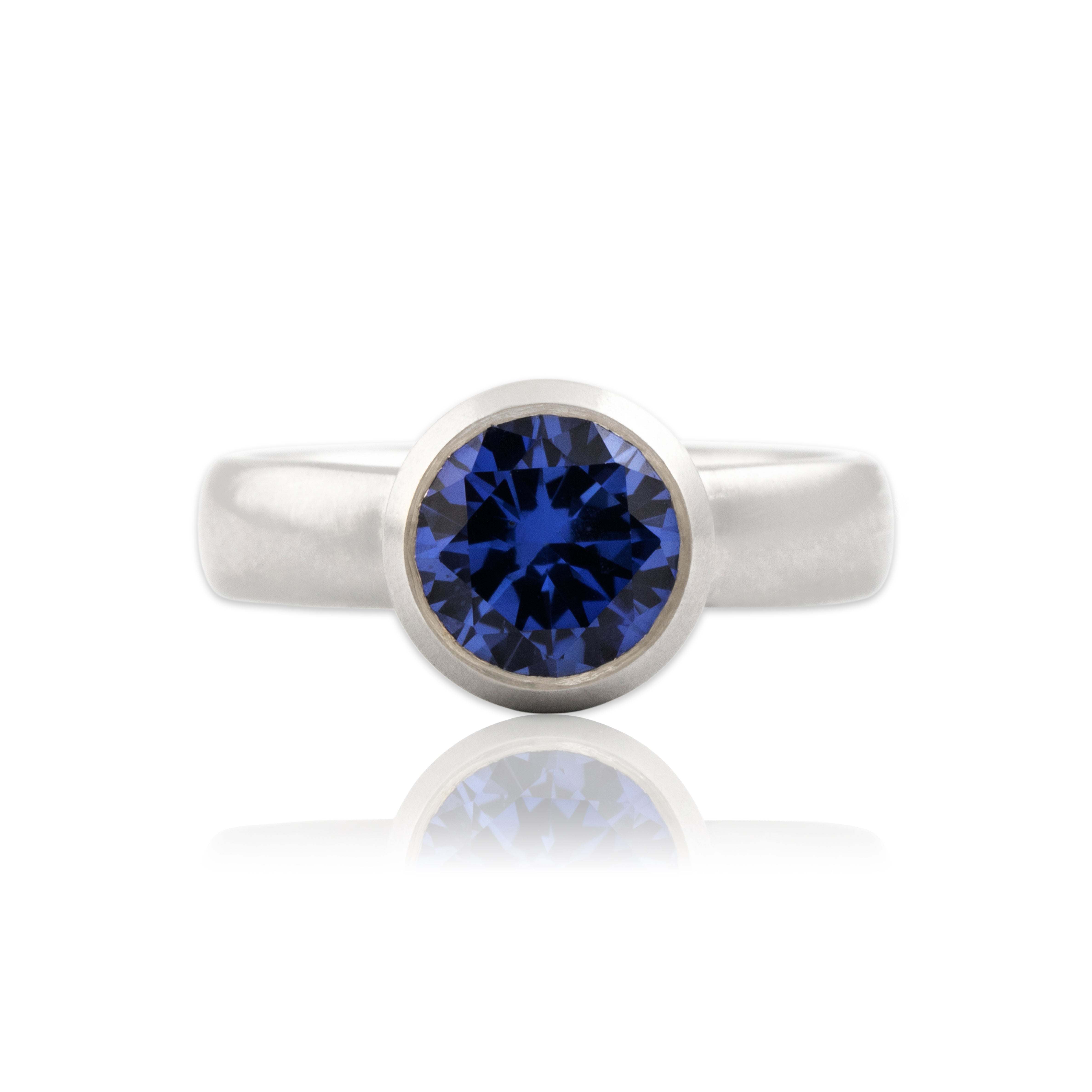 Vintage Heavy Platinum 1.97ct Synthetic Sapphire Brushed Bezel-Set Ring - Close-up view