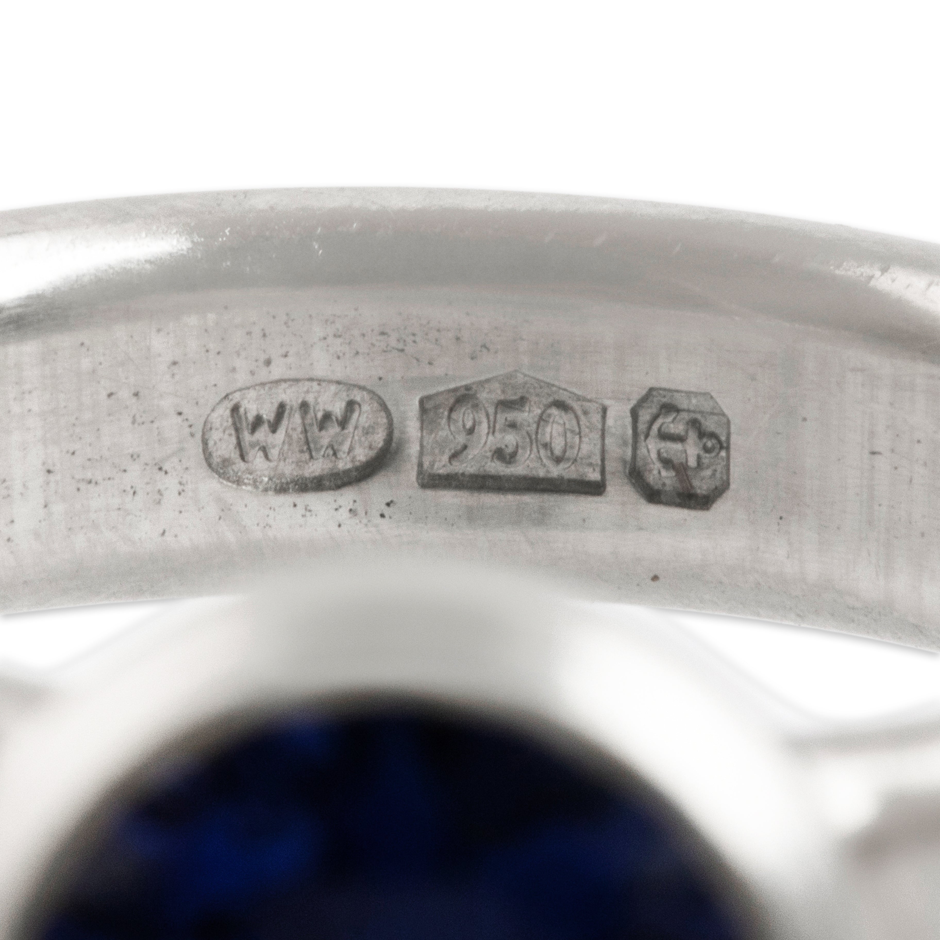 Vintage Heavy Platinum 1.97ct Synthetic Sapphire Brushed Bezel-Set Ring - Hallmark view