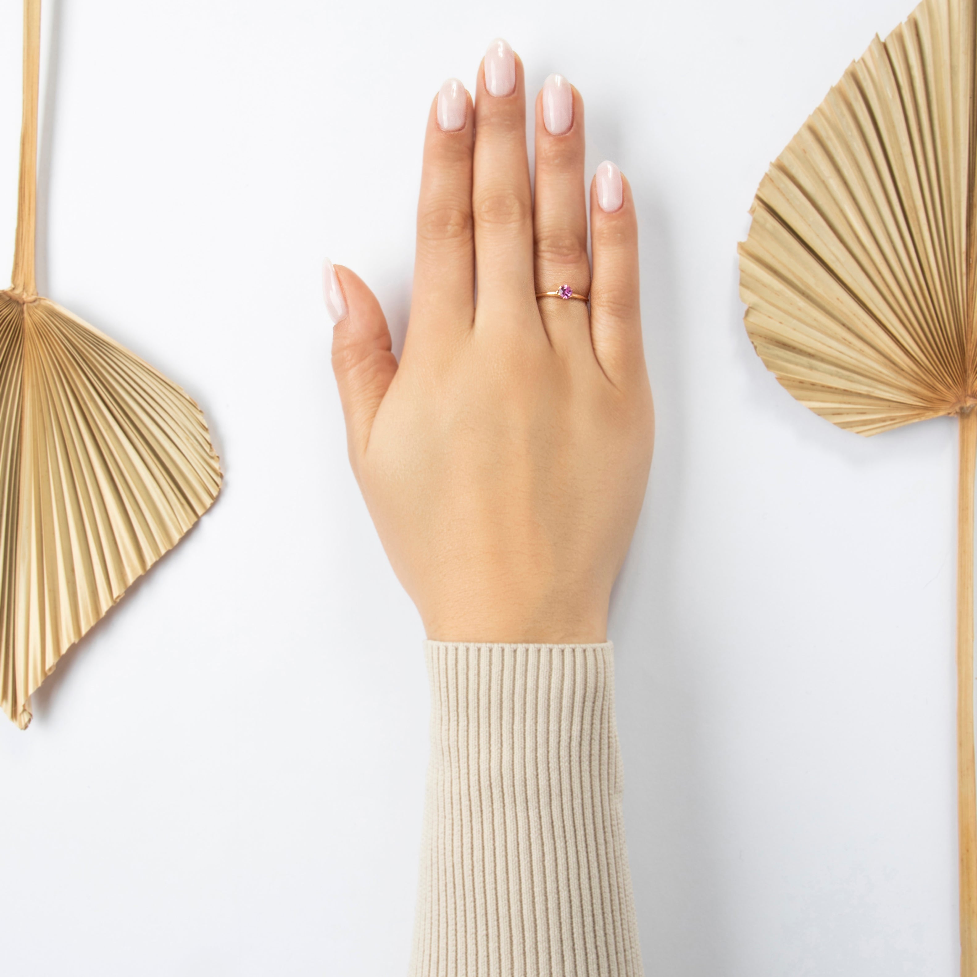 Antique 14k Rosy Yellow Gold Pink Synthetic Sapphire Delightful Solitaire Ring - On model view