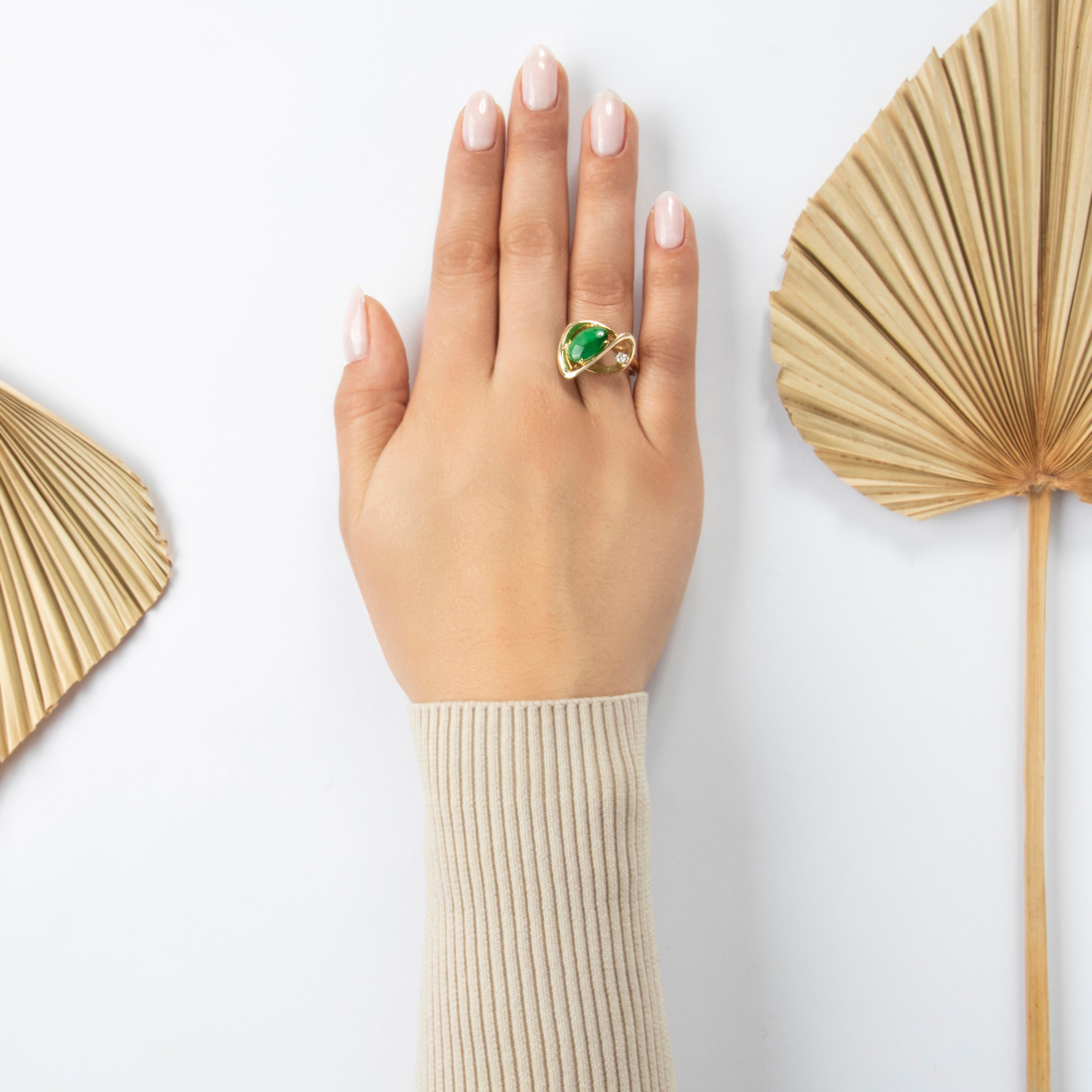 Vintage 14k Yellow Gold 2.6ct Jade Diamond Swirling Modernist Ring - On model view