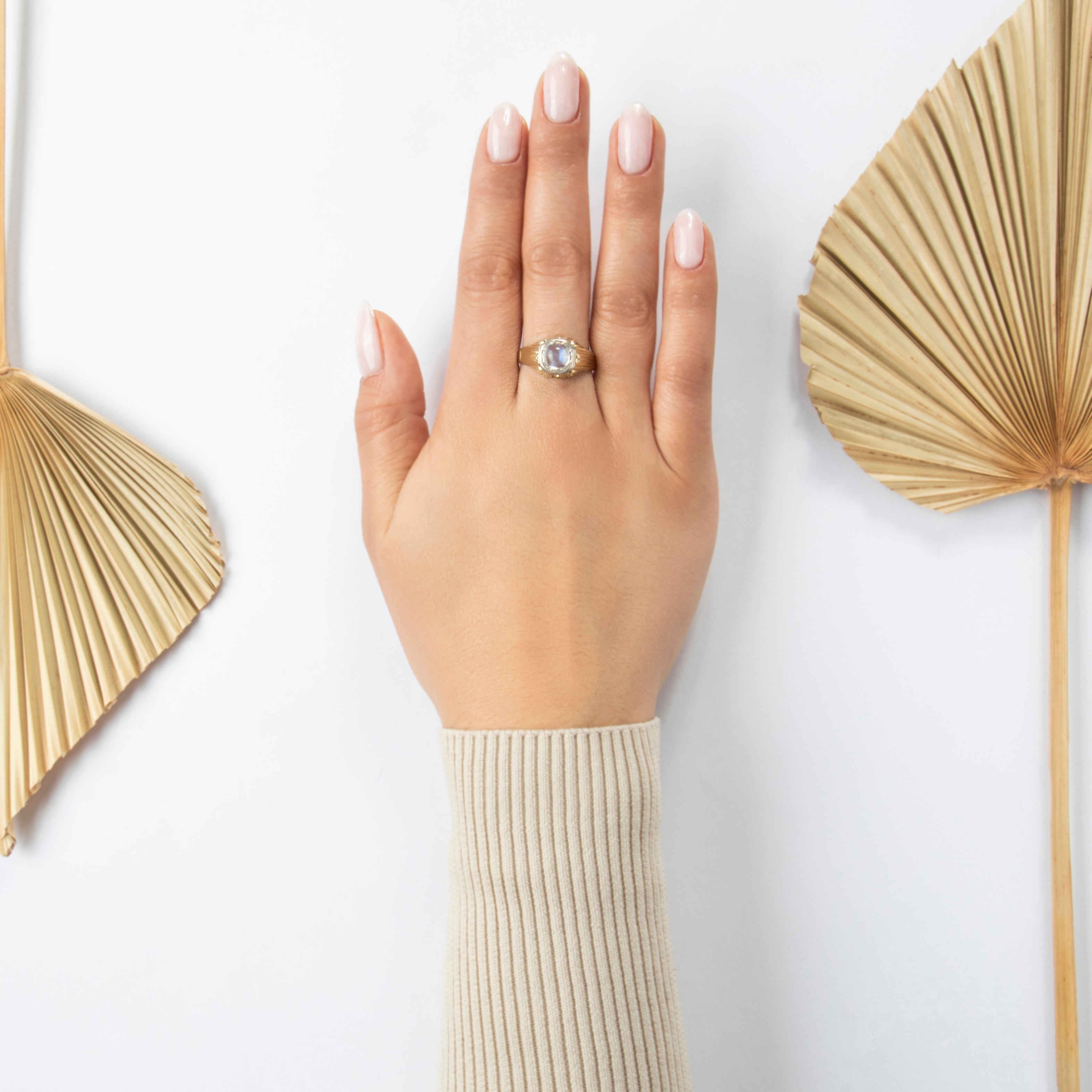 Antique 14k Yellow Gold 1.3ct Moonstone Bold Architectural Setting Ring - On model view