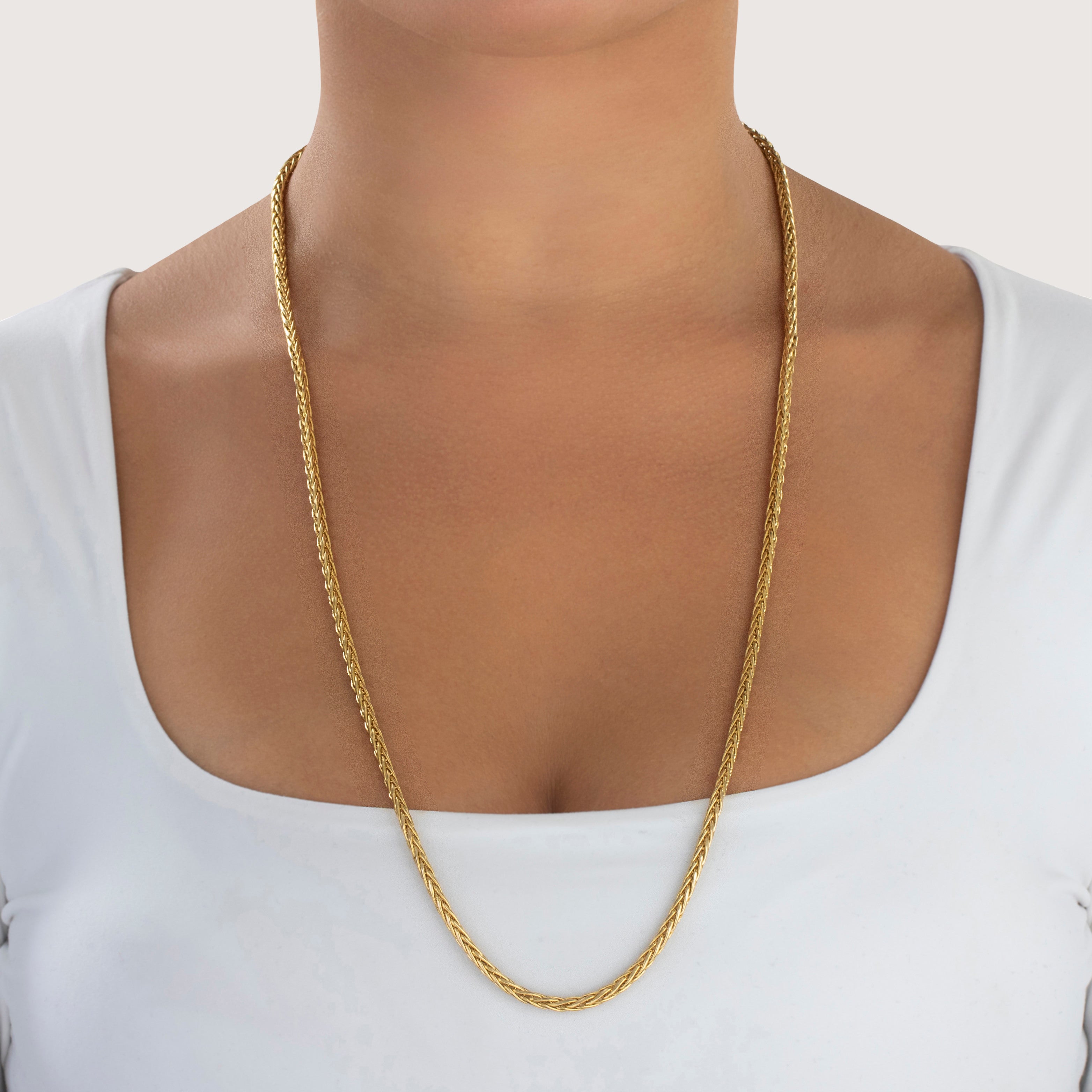 Vintage Italian Long 14k Yellow Gold Lovely Wheat Chain Necklace - On model view