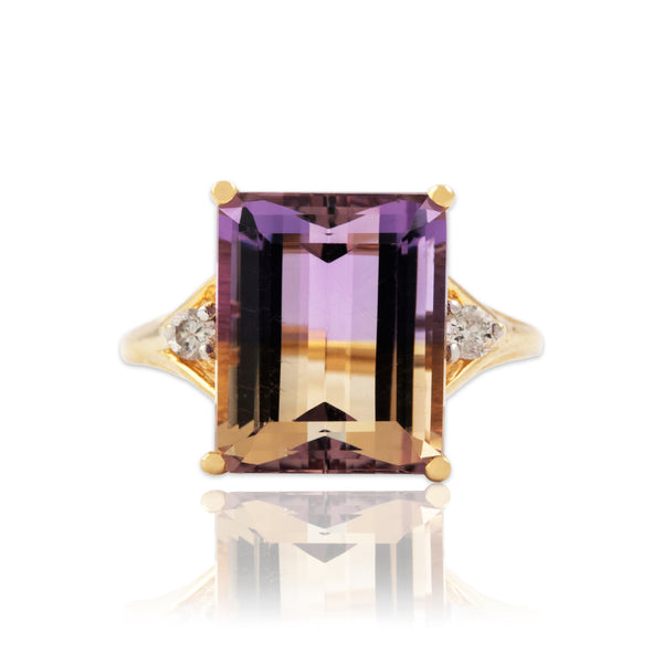 Vintage 14k Yellow Gold 5.3ct Ametrine Diamond Dramatic Cocktail Ring 6.75