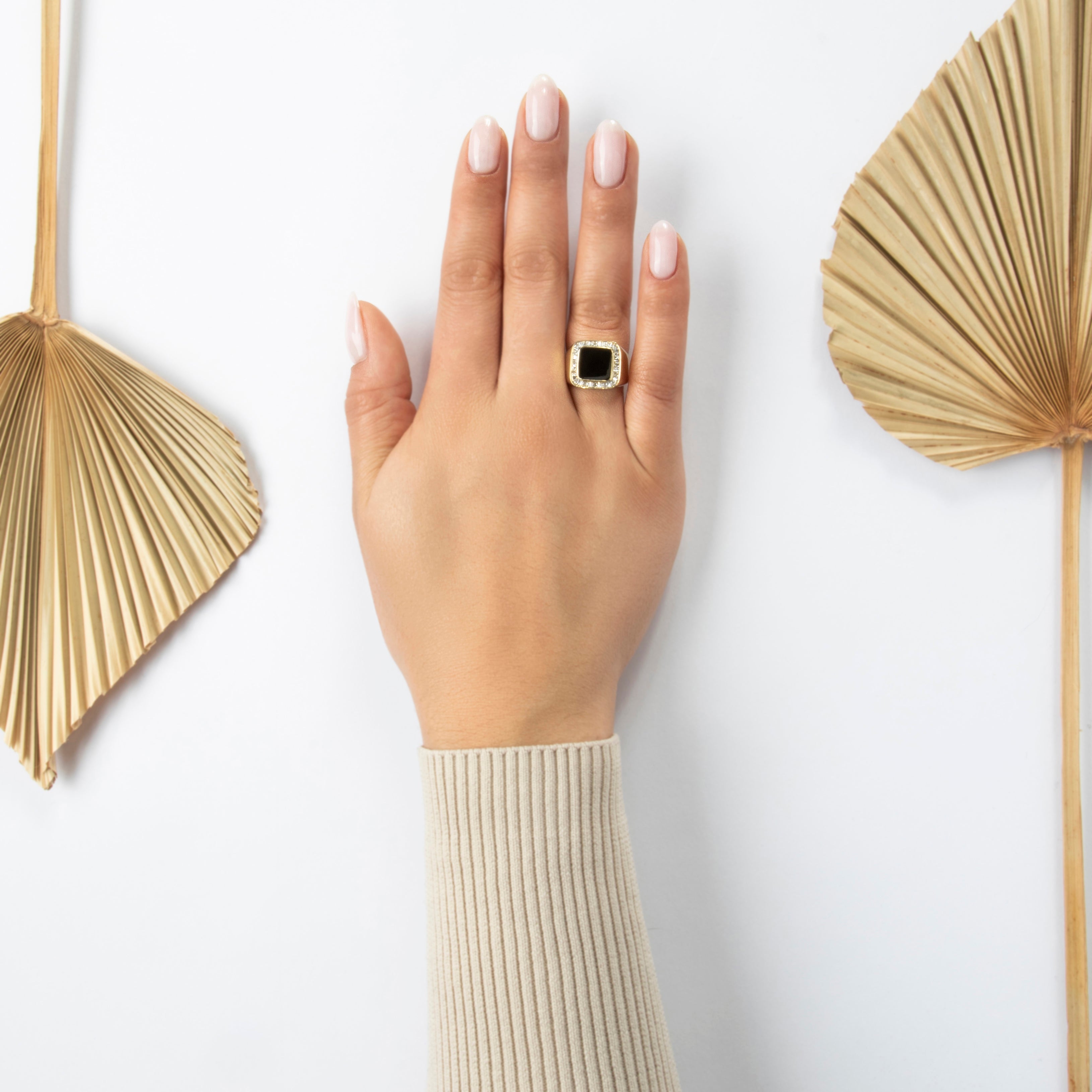 Vintage 14k Yellow Gold Diamond Onyx Striking Square Halo Ring - On model view