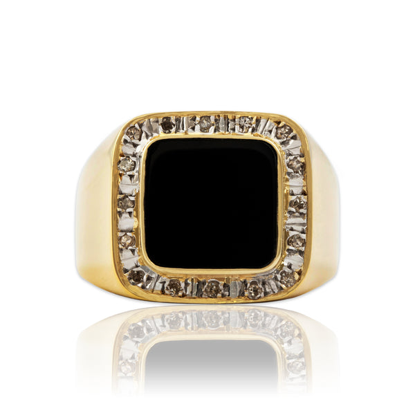 Vintage 14k Yellow Gold Diamond Onyx Striking Square Halo Ring 8.50