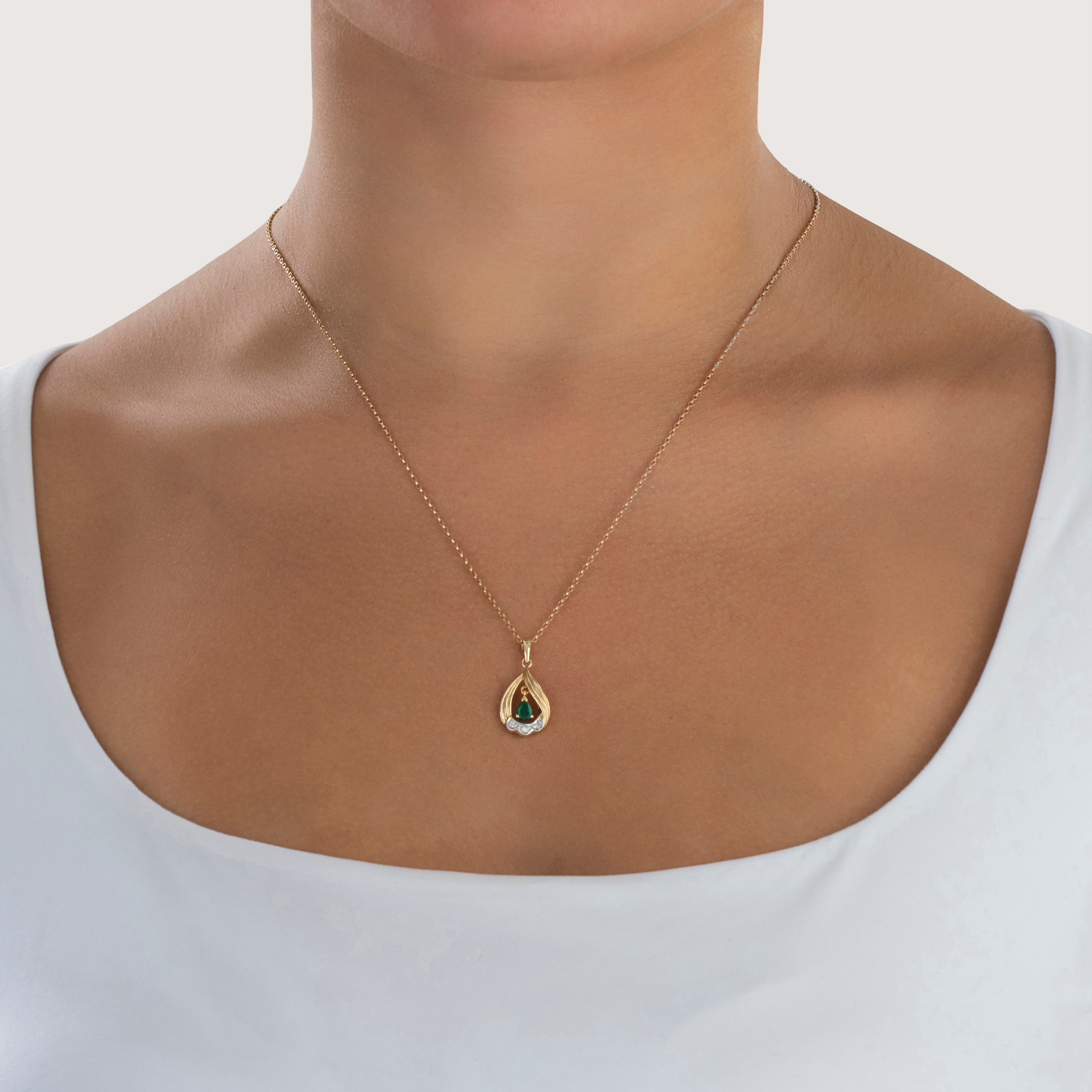 Vintage 14k Yellow Gold Emerald Diamond Elegant Dangle Pear Pendant - On model view