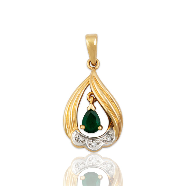Vintage 14k Yellow Gold Emerald Diamond Elegant Dangle Pear Pendant