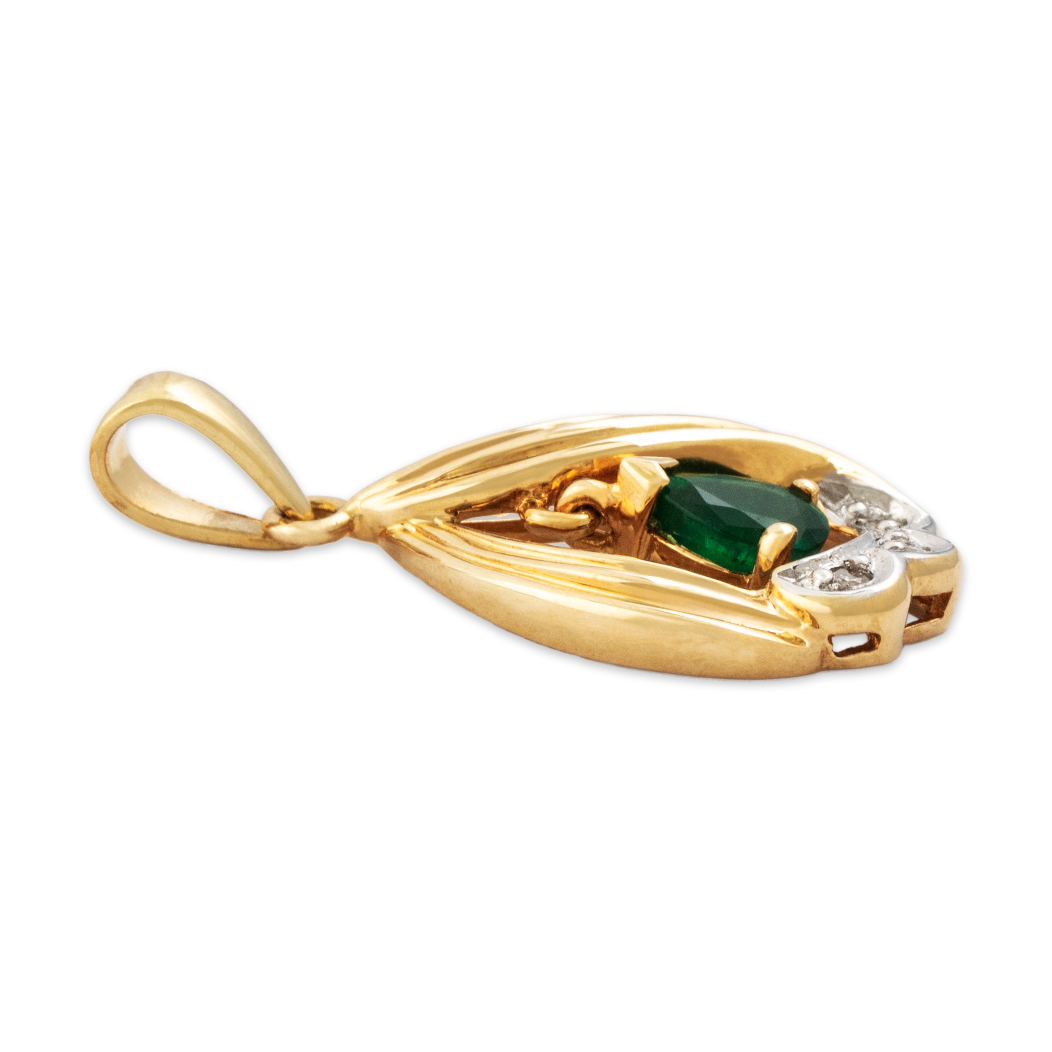 Vintage 14k Yellow Gold Emerald Diamond Elegant Dangle Pear Pendant - Side view