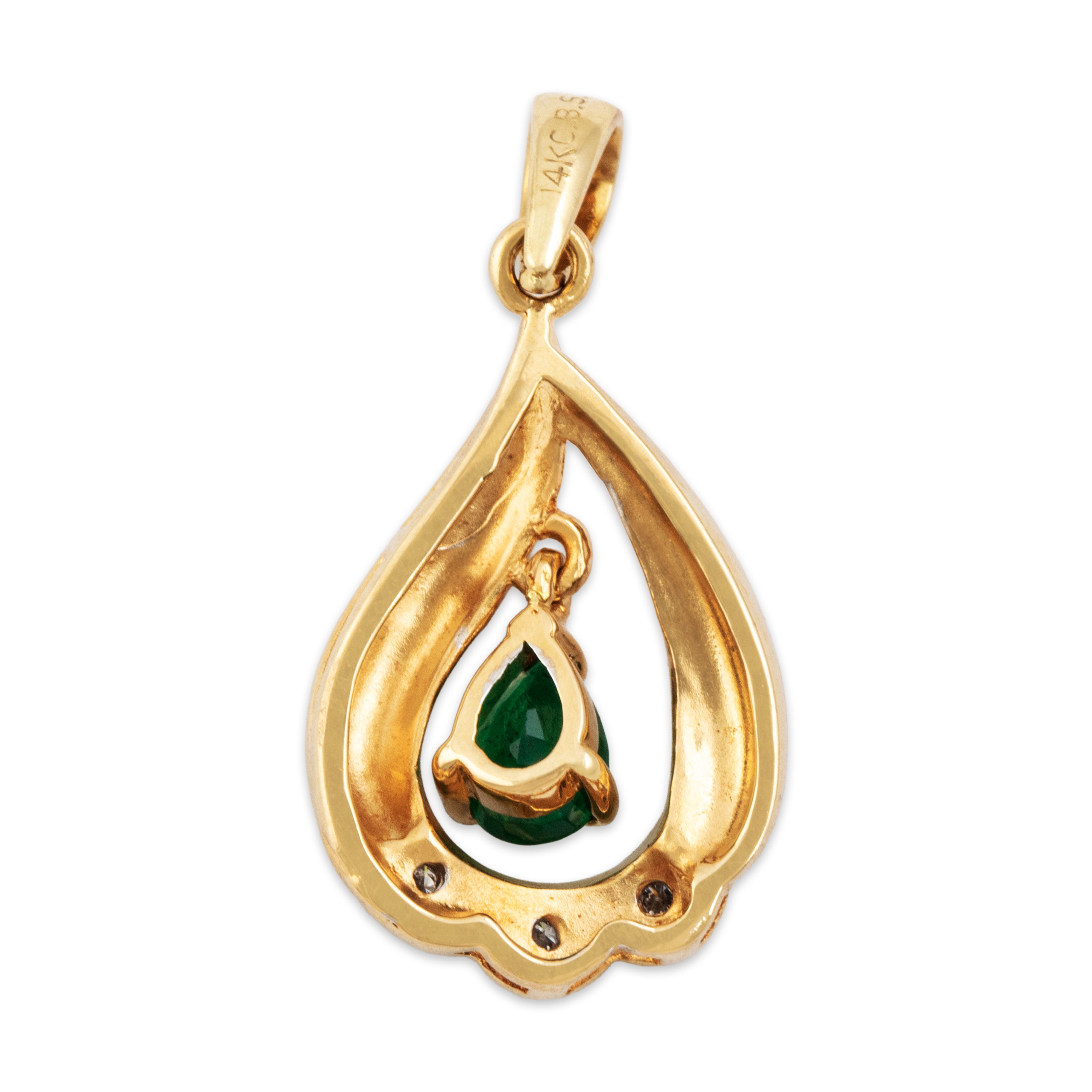 Vintage 14k Yellow Gold Emerald Diamond Elegant Dangle Pear Pendant - Back view