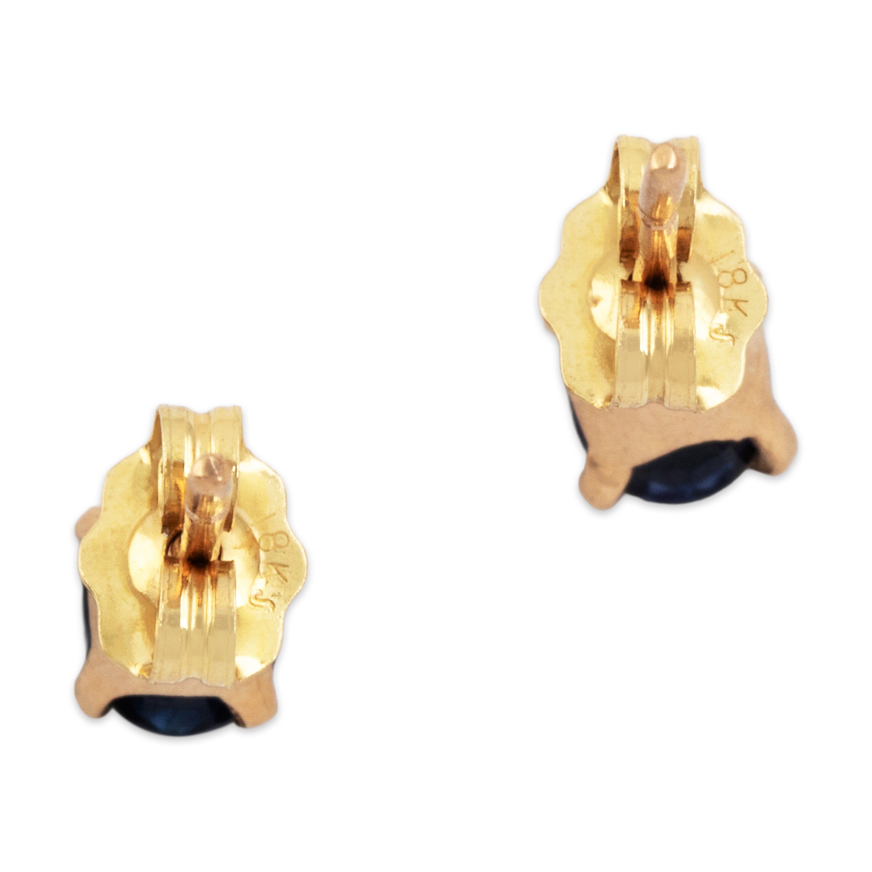 Vintage 18k Yellow Gold Blue Sapphire Pretty Everyday Oval Stud Earrings - Back view