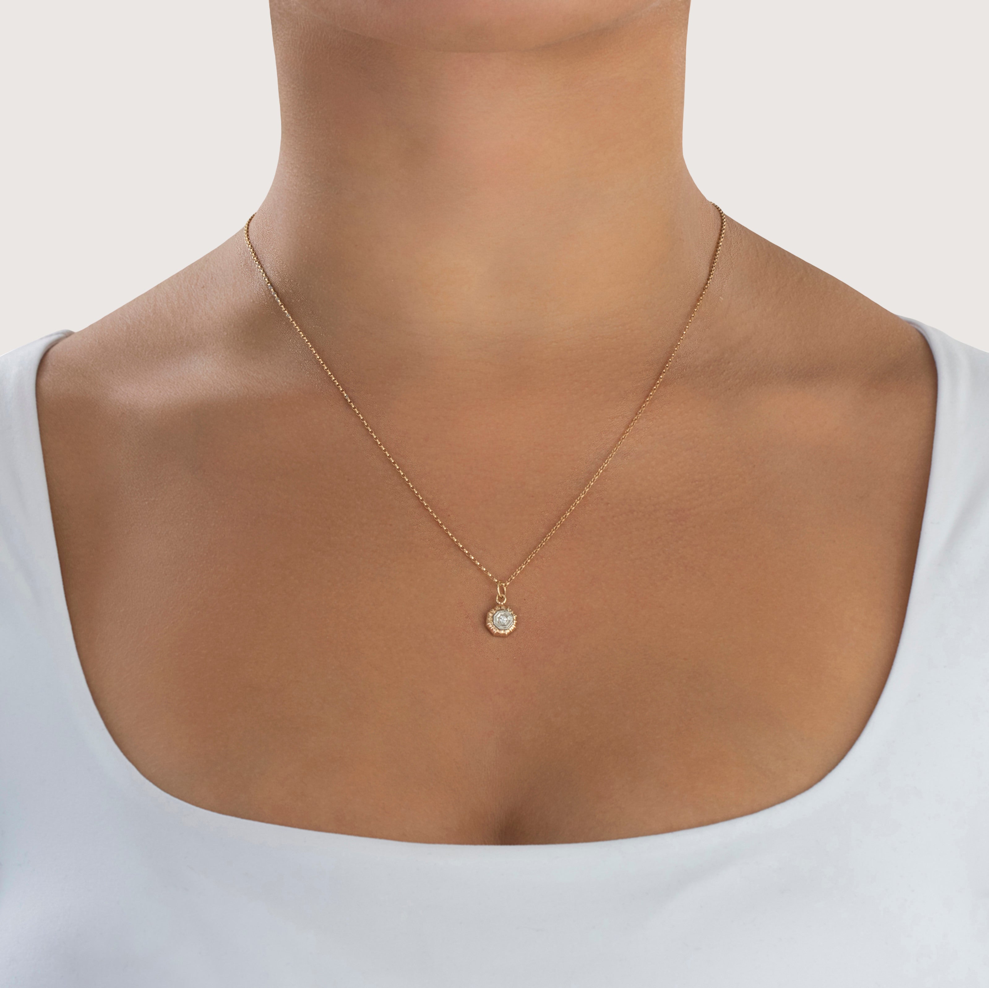 Vintage Lightweight 14k Rosy Yellow & White Gold Diamond Hexagon Charm / Pendant - On model view