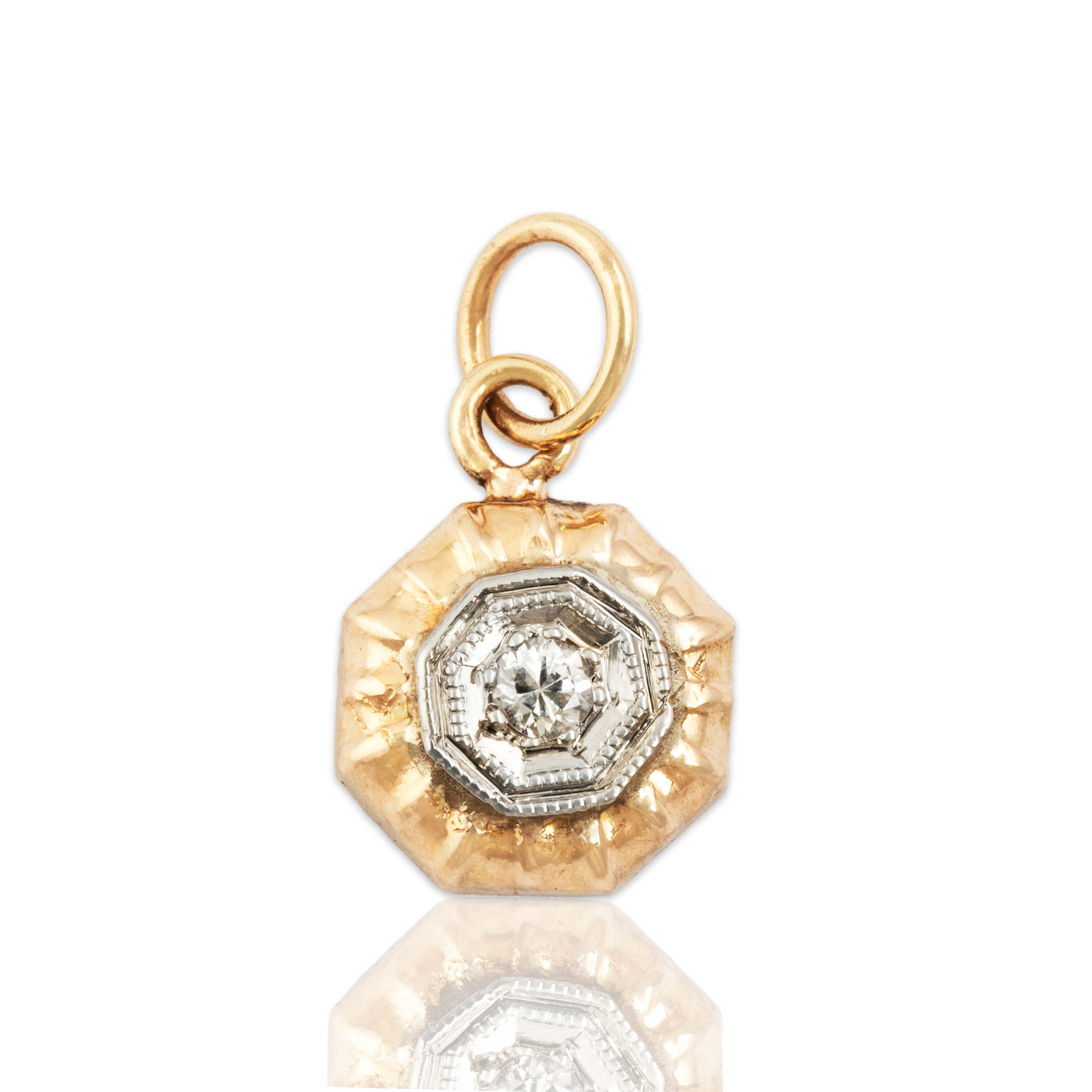 Vintage Lightweight 14k Rosy Yellow & White Gold Diamond Hexagon Charm / Pendant