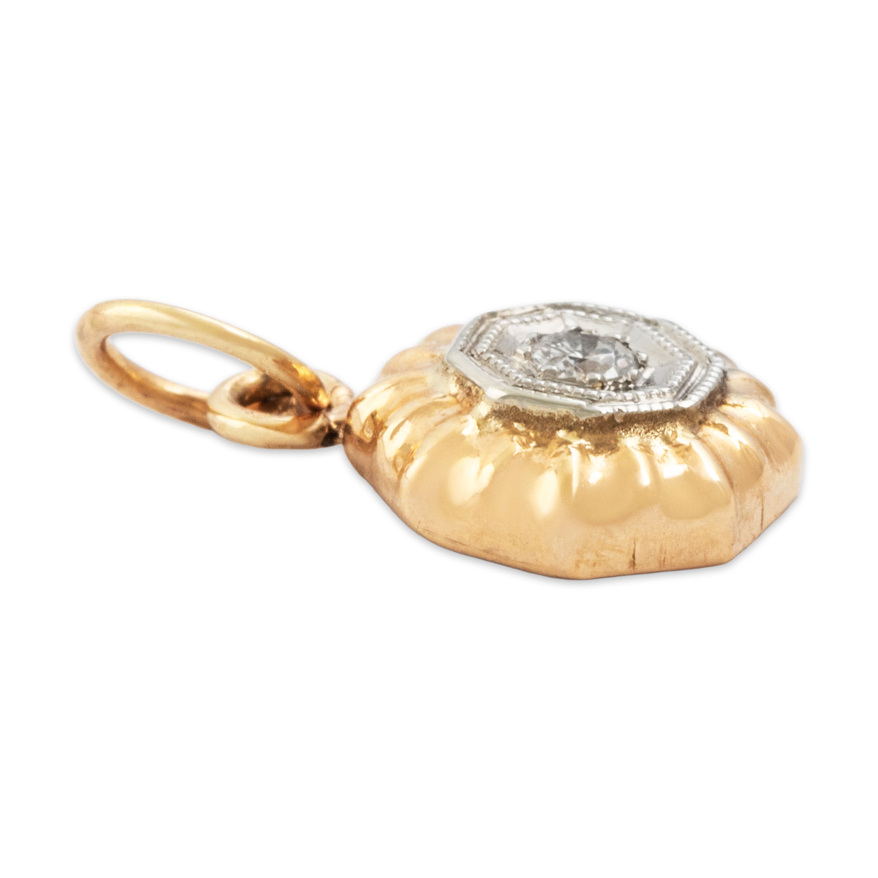 Vintage Lightweight 14k Rosy Yellow & White Gold Diamond Hexagon Charm / Pendant - Side view