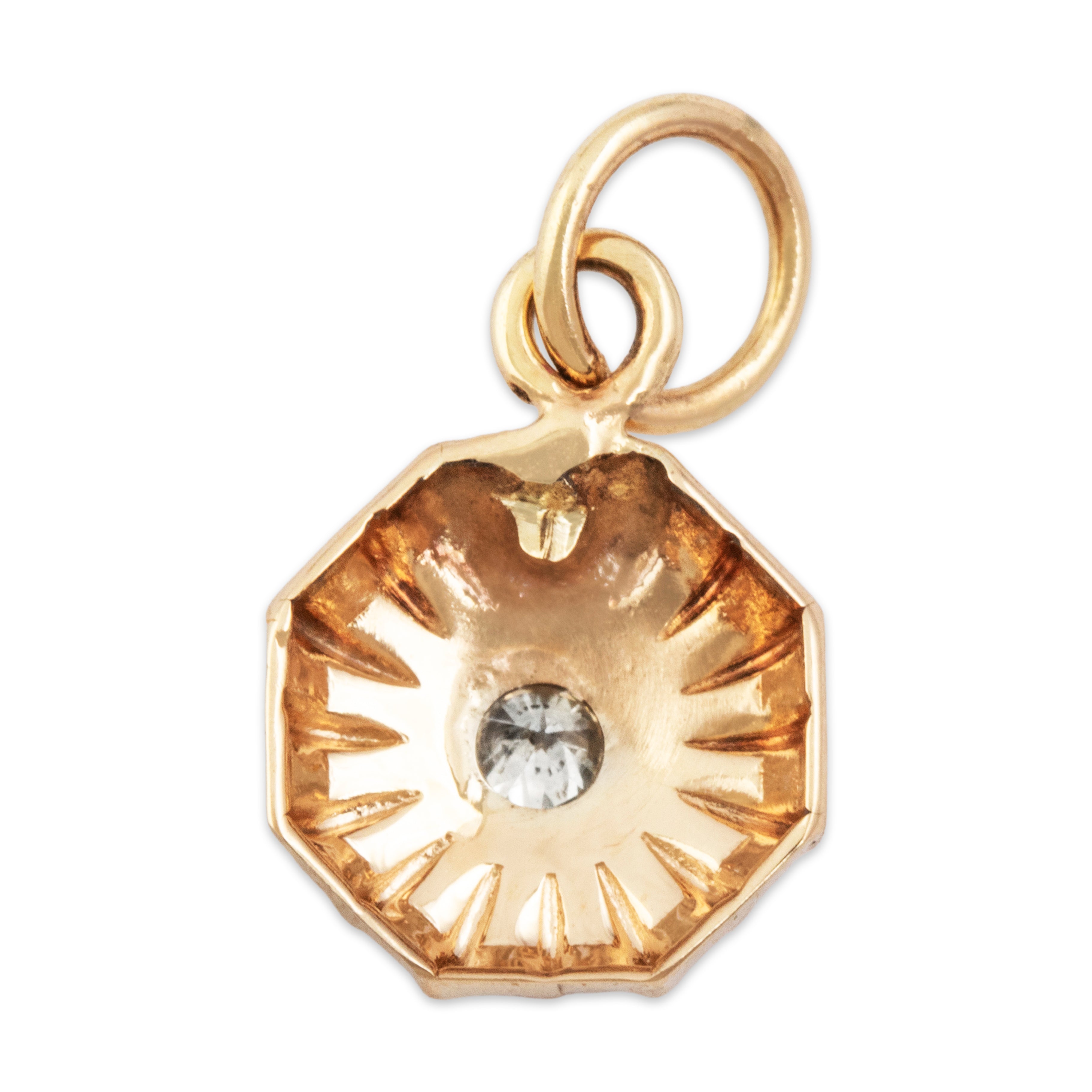 Vintage Lightweight 14k Rosy Yellow & White Gold Diamond Hexagon Charm / Pendant - Back view