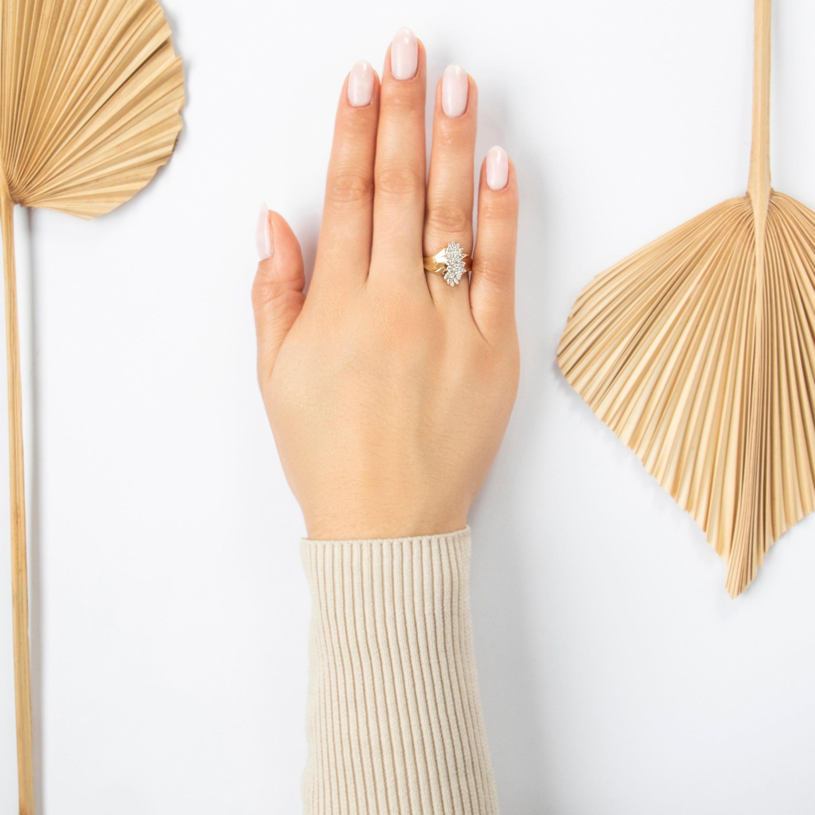 Vintage 14k Yellow Gold .657cttw Diamond Sparkling Waterfall Cluster Ring - On model view