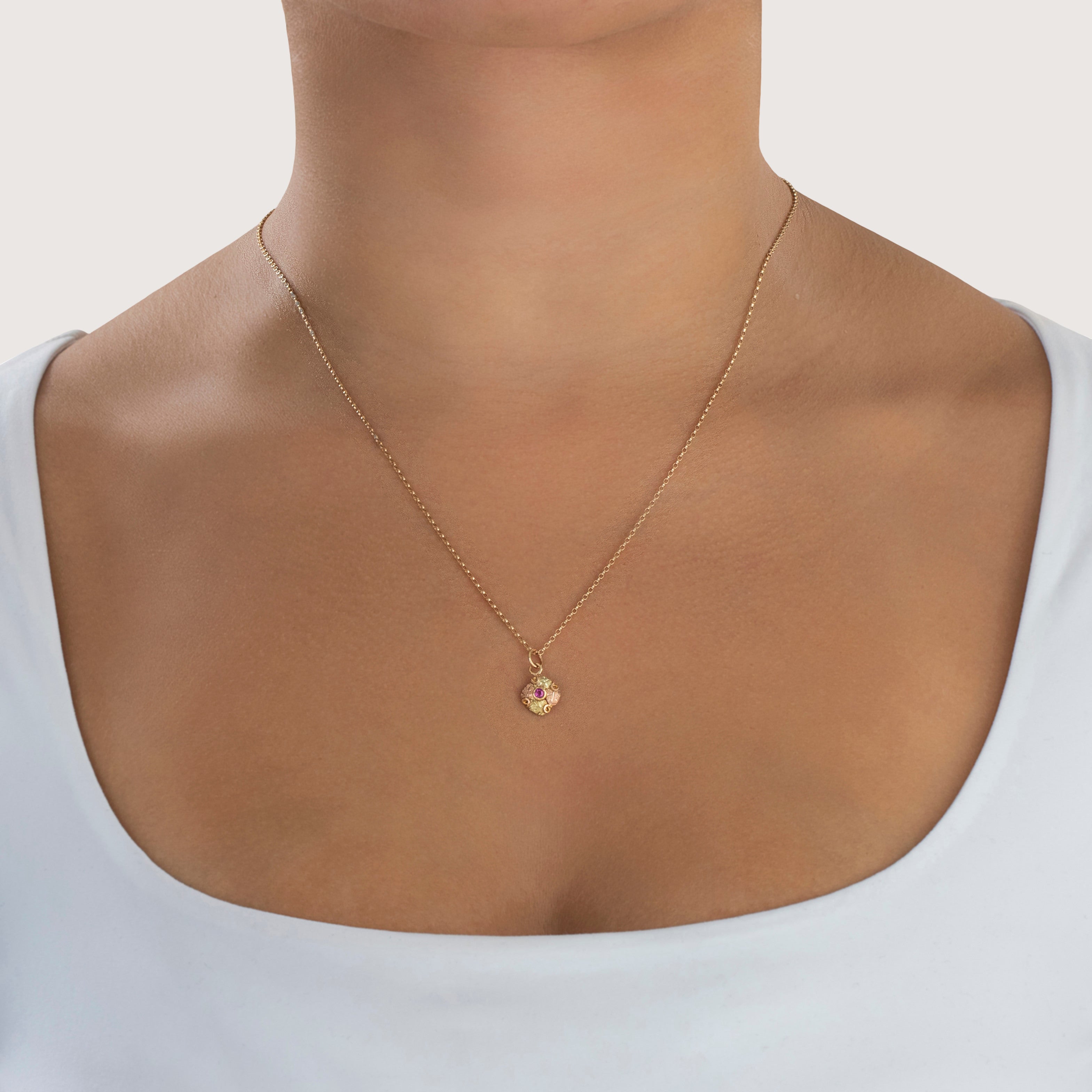 Antique Lightweight 14k Yellow & Rose Gold Synthetic Ruby Wreath Charm / Pendant - On model view