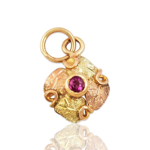 Antique Lightweight 14k Yellow & Rose Gold Synthetic Ruby Wreath Charm / Pendant