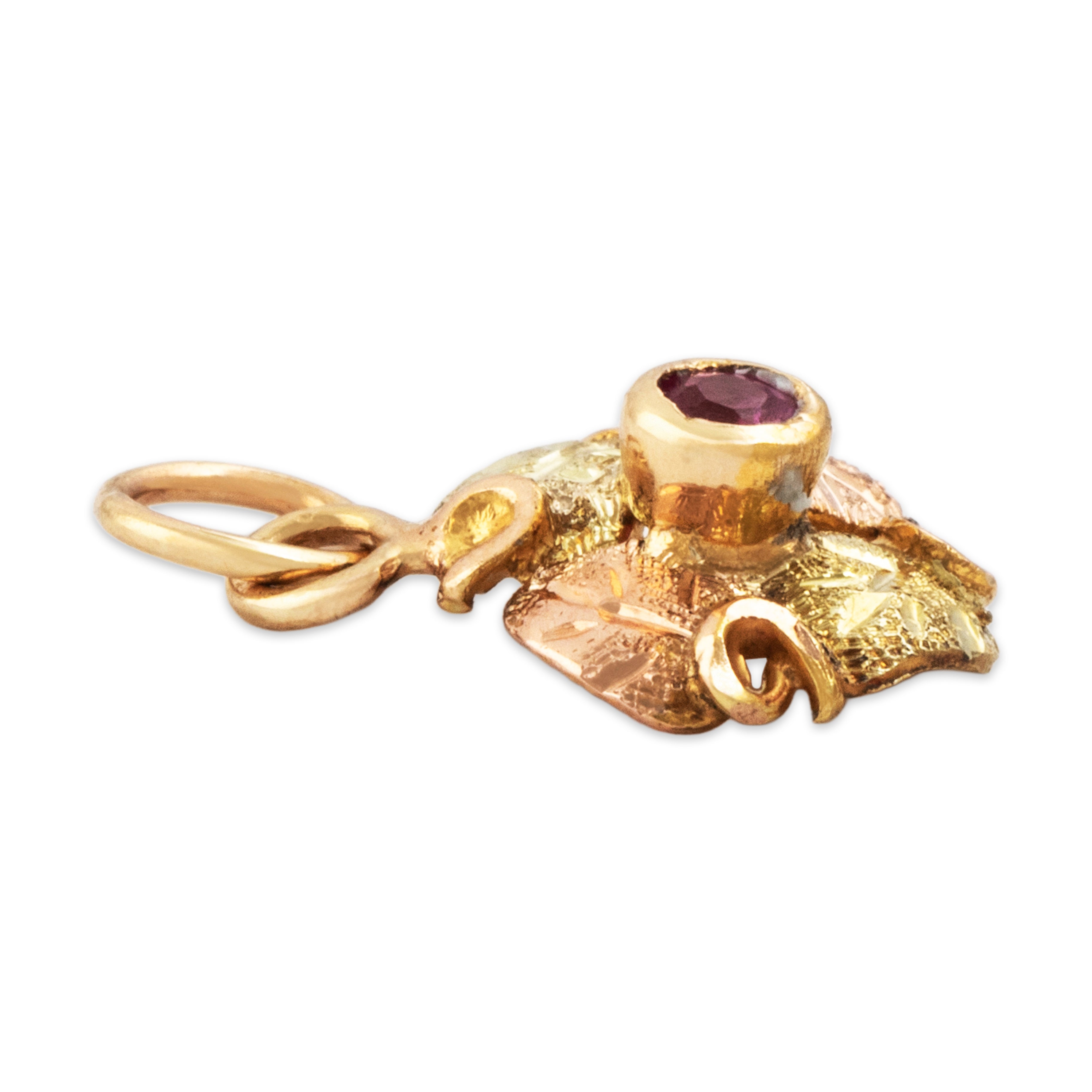 Antique Lightweight 14k Yellow & Rose Gold Synthetic Ruby Wreath Charm / Pendant - Side view