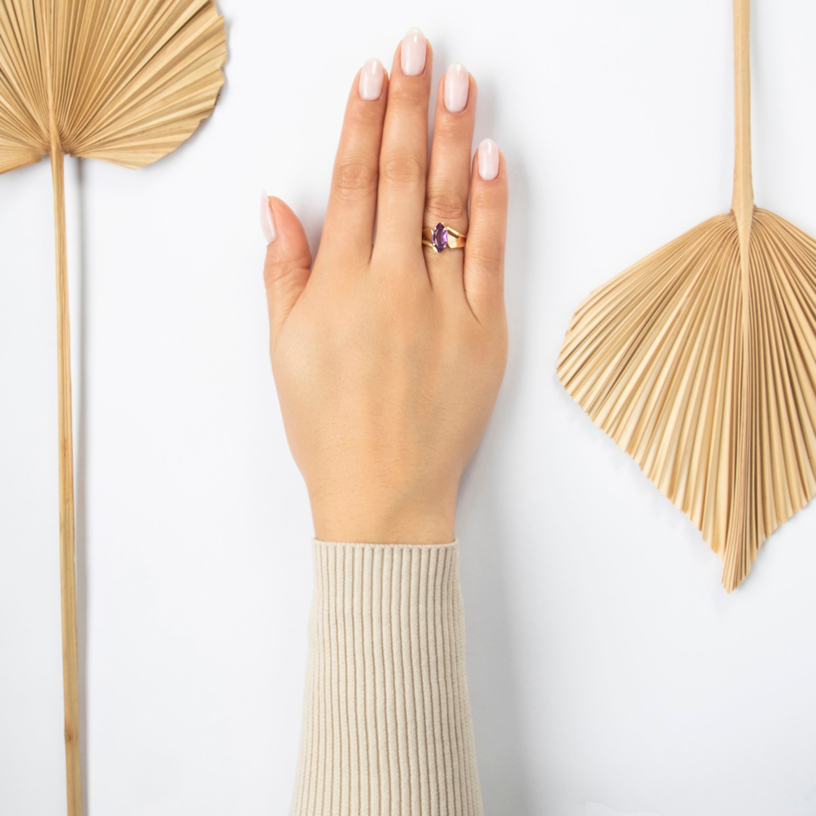 Vintage 10k Yellow Gold 1ct Amethyst Bold Marquise Cut Ring - On model view