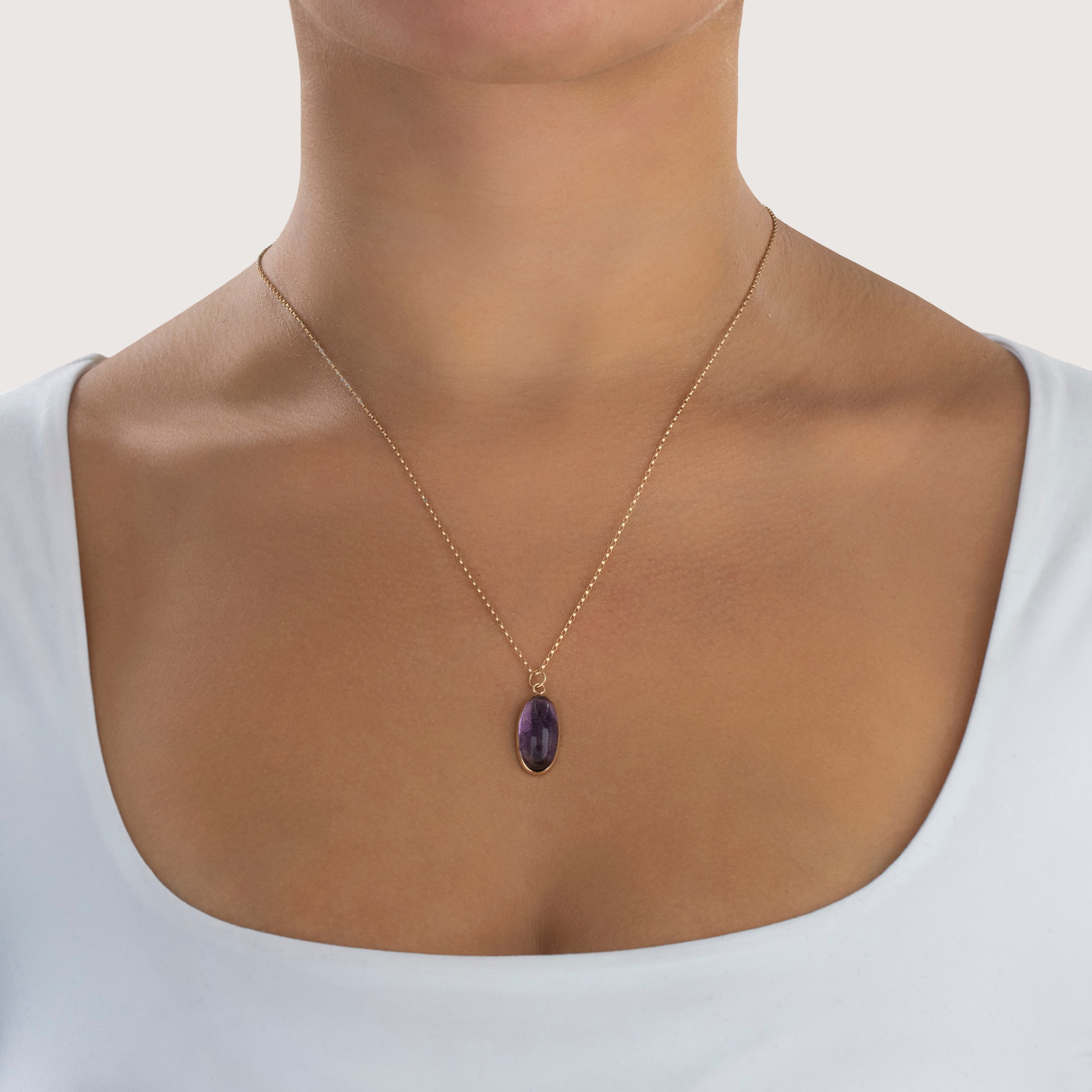 Vintage 14k Yellow Gold Foil-Backed Amethyst Oblong Charm / Pendant - On model view