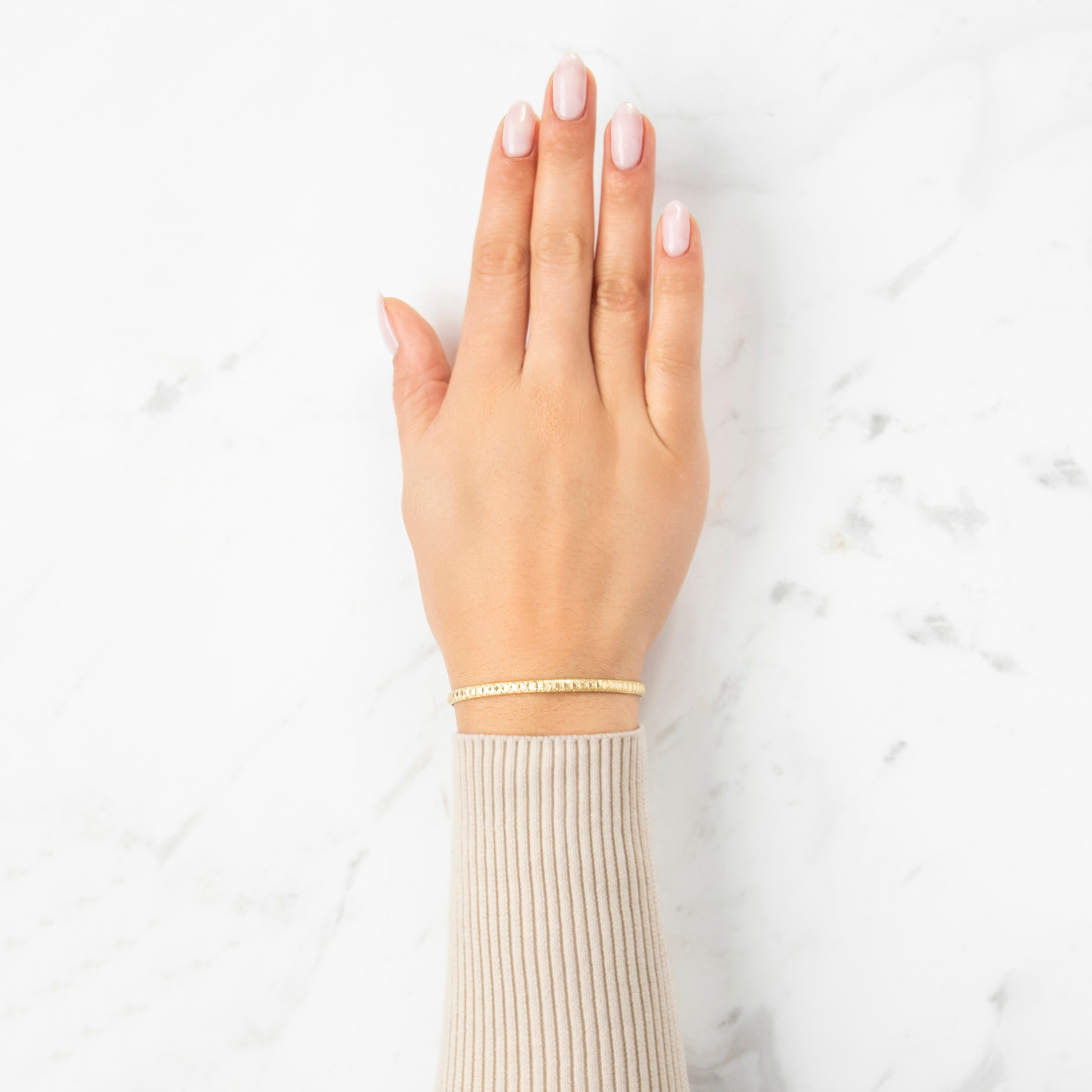 Vintage Italian 14k Yellow Gold Etched Square Link Bracelet - On model view