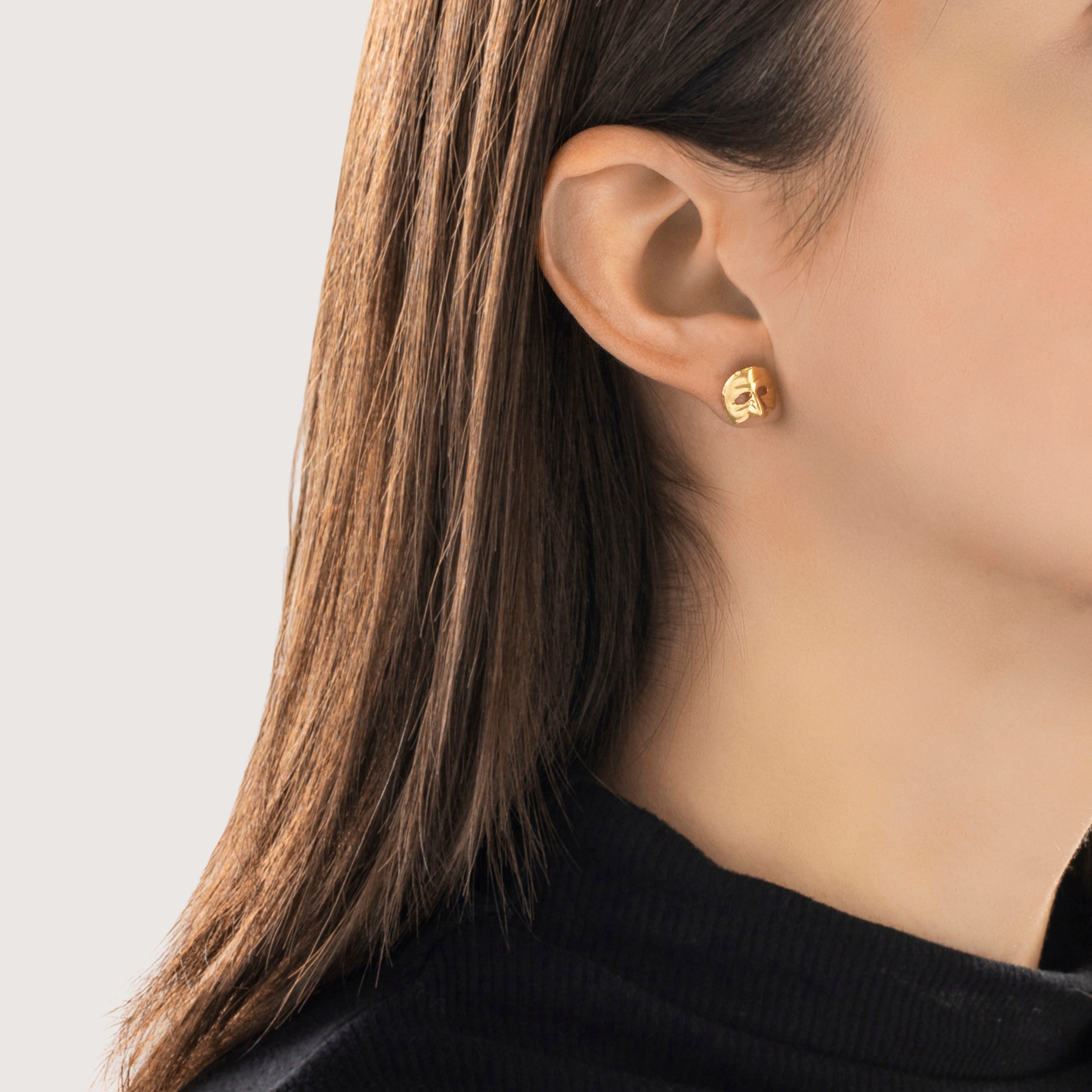 Vintage 18k Yellow Gold Dramatic Theater Mask Stud Earrings - On model view