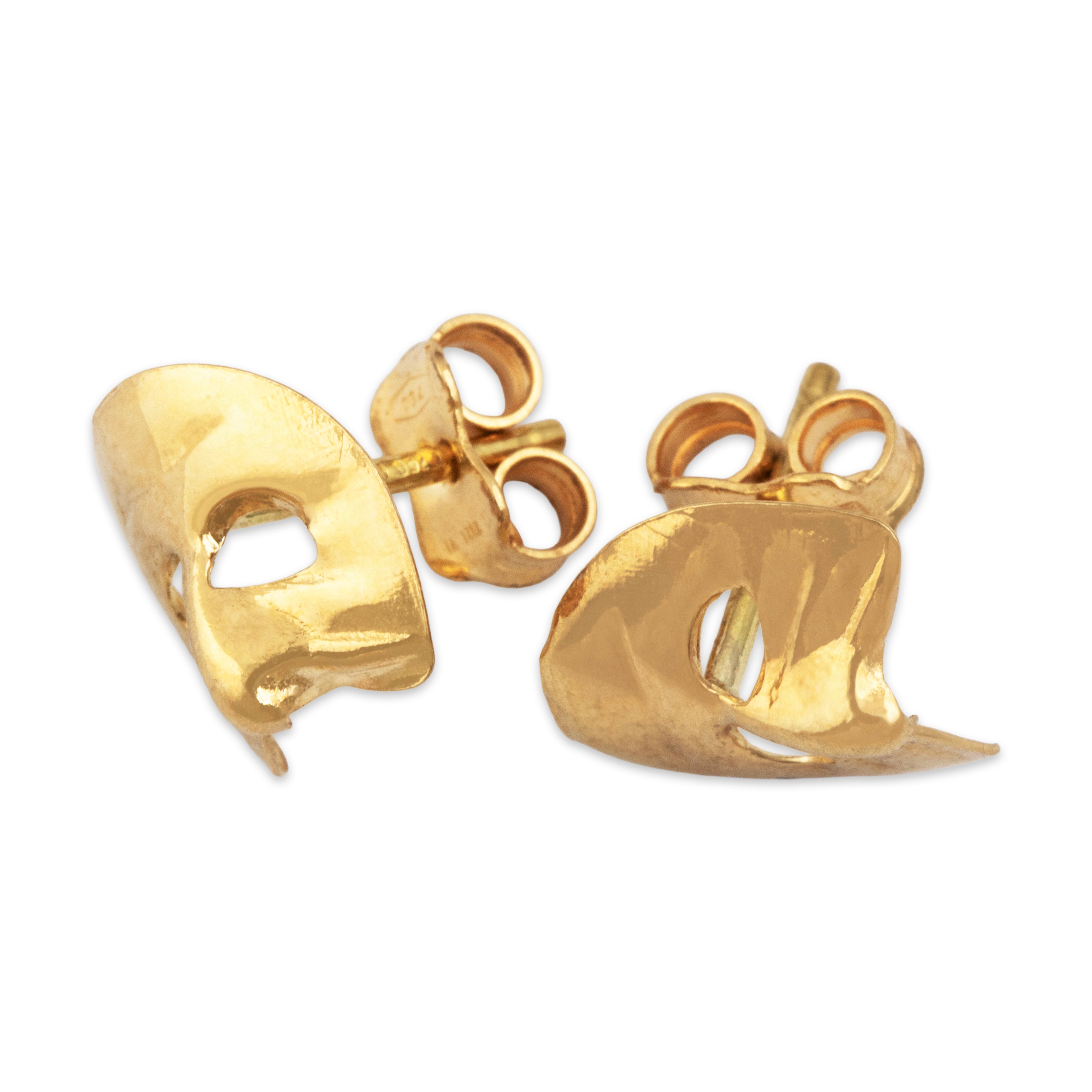 Vintage 18k Yellow Gold Dramatic Theater Mask Stud Earrings - Overall view