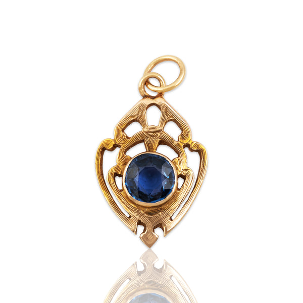 Antique 14k Yellow Gold Blue Synthetic Sapphire Regal Charm / Pendant