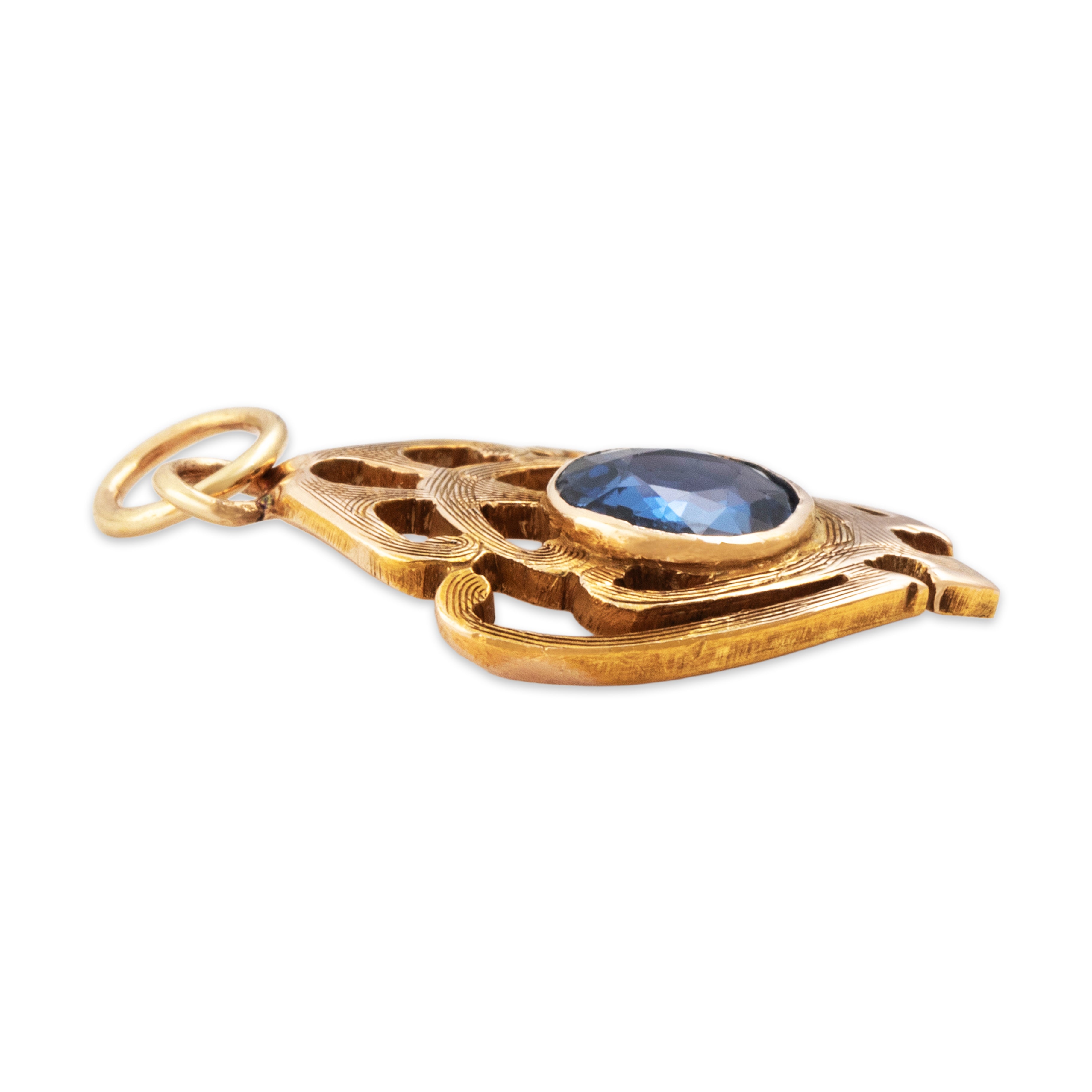Antique 14k Yellow Gold Blue Synthetic Sapphire Regal Charm / Pendant - Side view