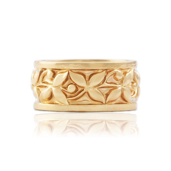 Vintage Heavy 14k Yellow Gold Gleaming Swirling Leaf Wide Band Ring 6.25