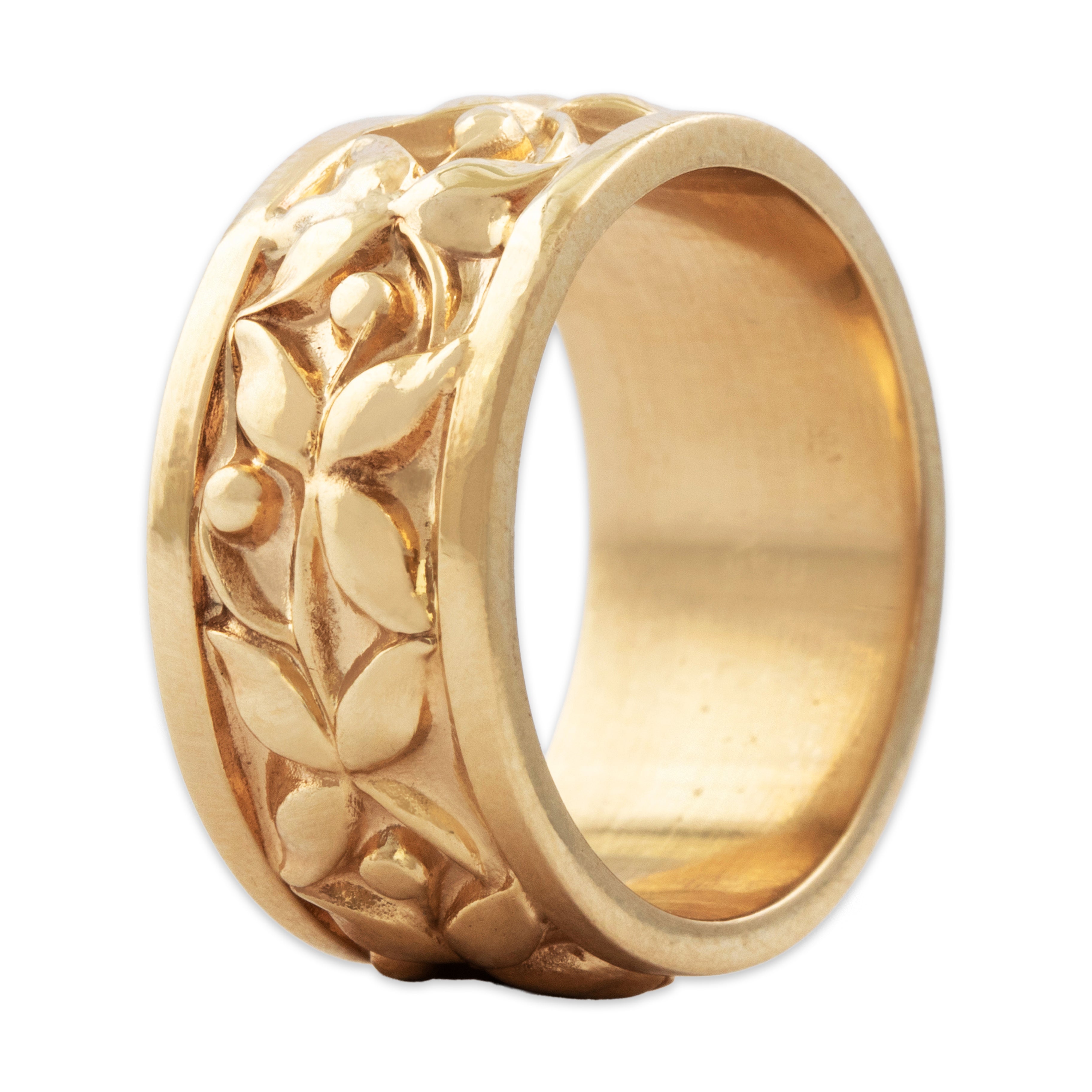 Vintage Heavy 14k Yellow Gold Gleaming Swirling Leaf Wide Band Ring - detail view #1