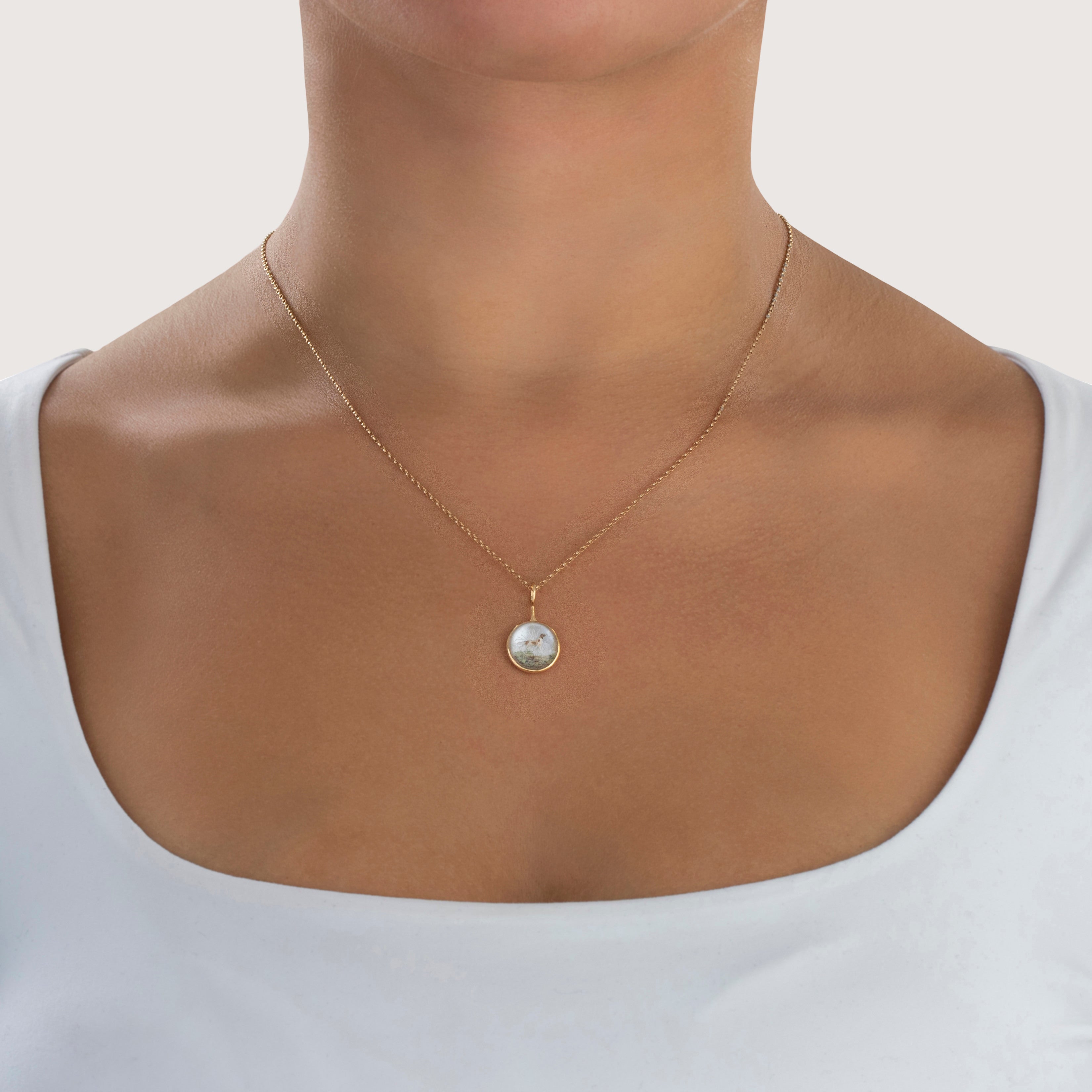 Antique French 18k Yellow Gold Essex Crystal Long-Haired Pointer Pendant - On model view