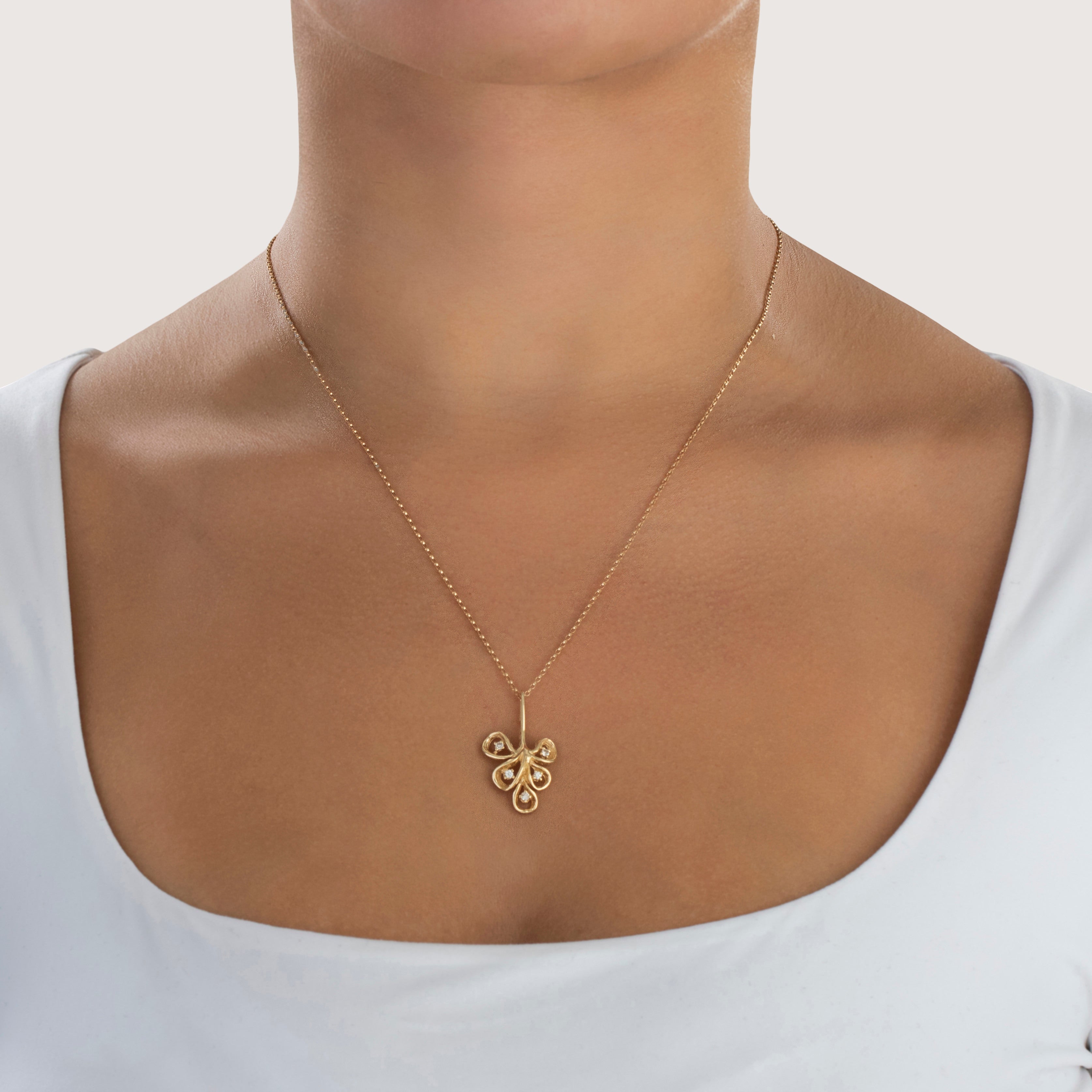 Vintage 10k Yellow Gold Diamond Artistic Freeform Pendant - On model view