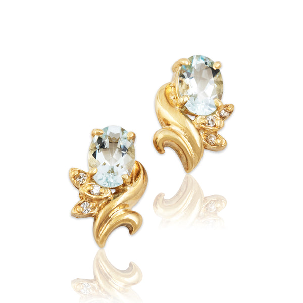 Vintage 14k Yellow Gold 1.22cttw Aquamarine Diamond Elegant Earrings
