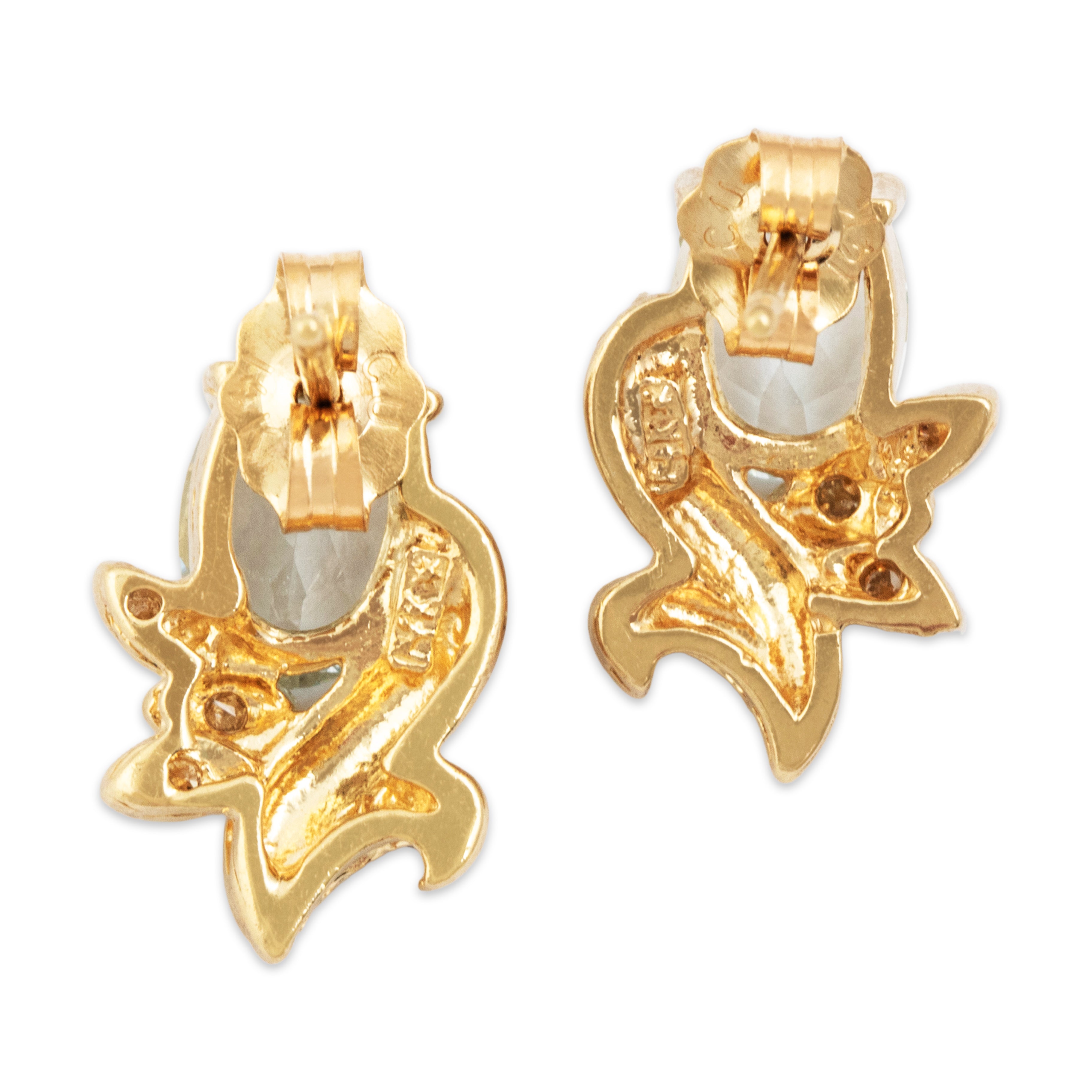 Vintage 14k Yellow Gold 1.22cttw Aquamarine Diamond Wonderful Earrings - Back view