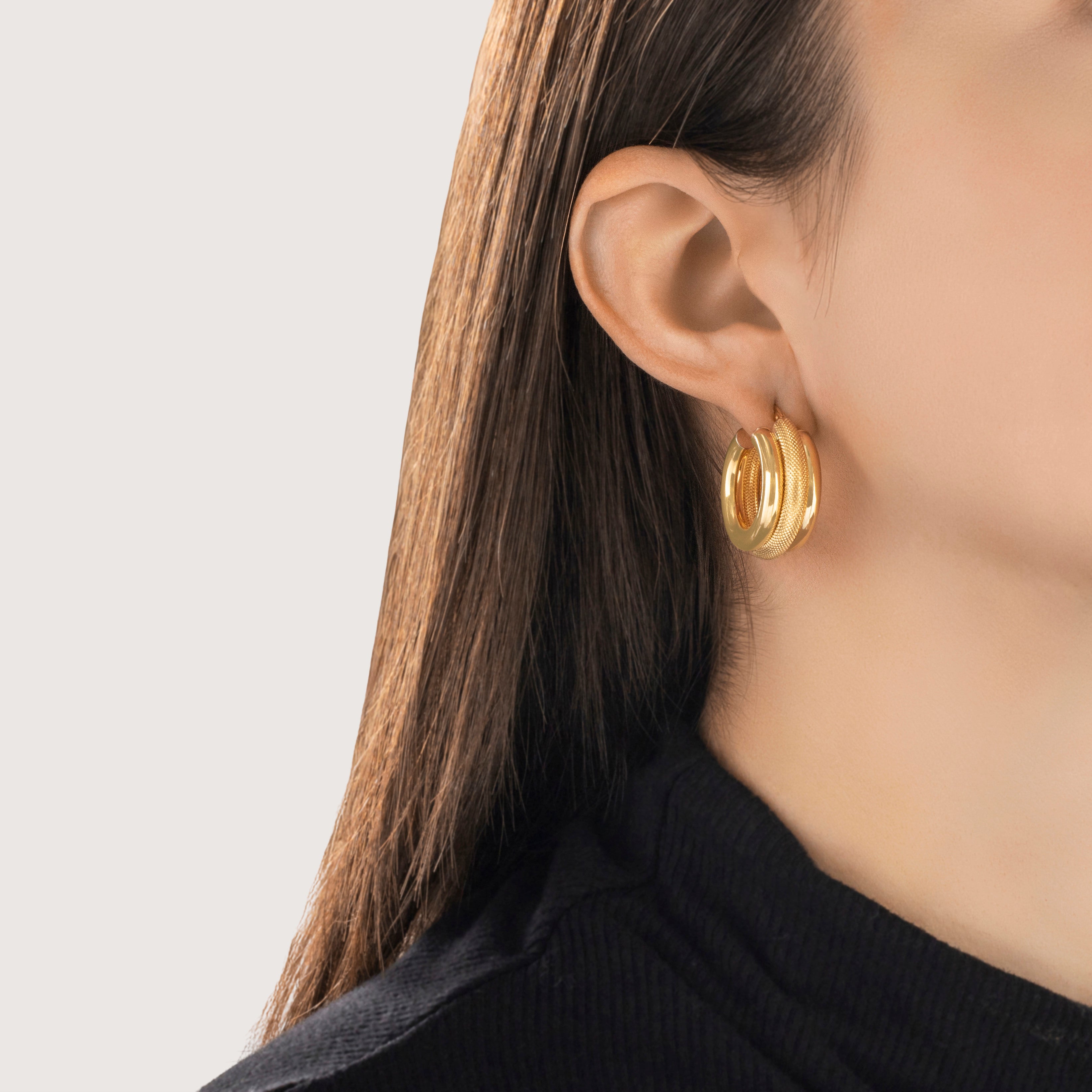 Vintage 18k Yellow Gold Pretty Textured Triple Hoop Earrings - On model view